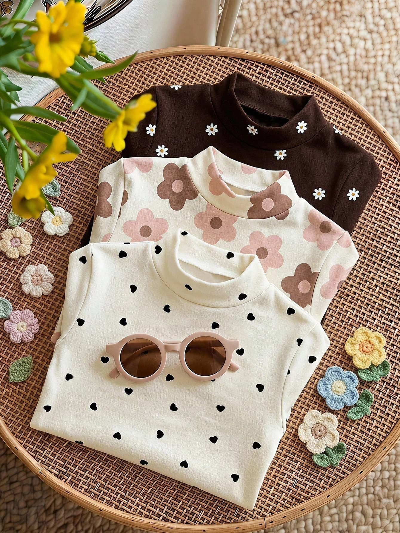 Vintage Sweet Mini Heart, Maillard Color Palette Floral Print, Pastoral Style Girlhood, Young Girl Casual Simple Long Sleeve T-Shirt 3pcs Set Suitable For Autumn/Winter, Outdoor Picnic, Outing, Street Photography, Chill Chill, Campus, Y2K
