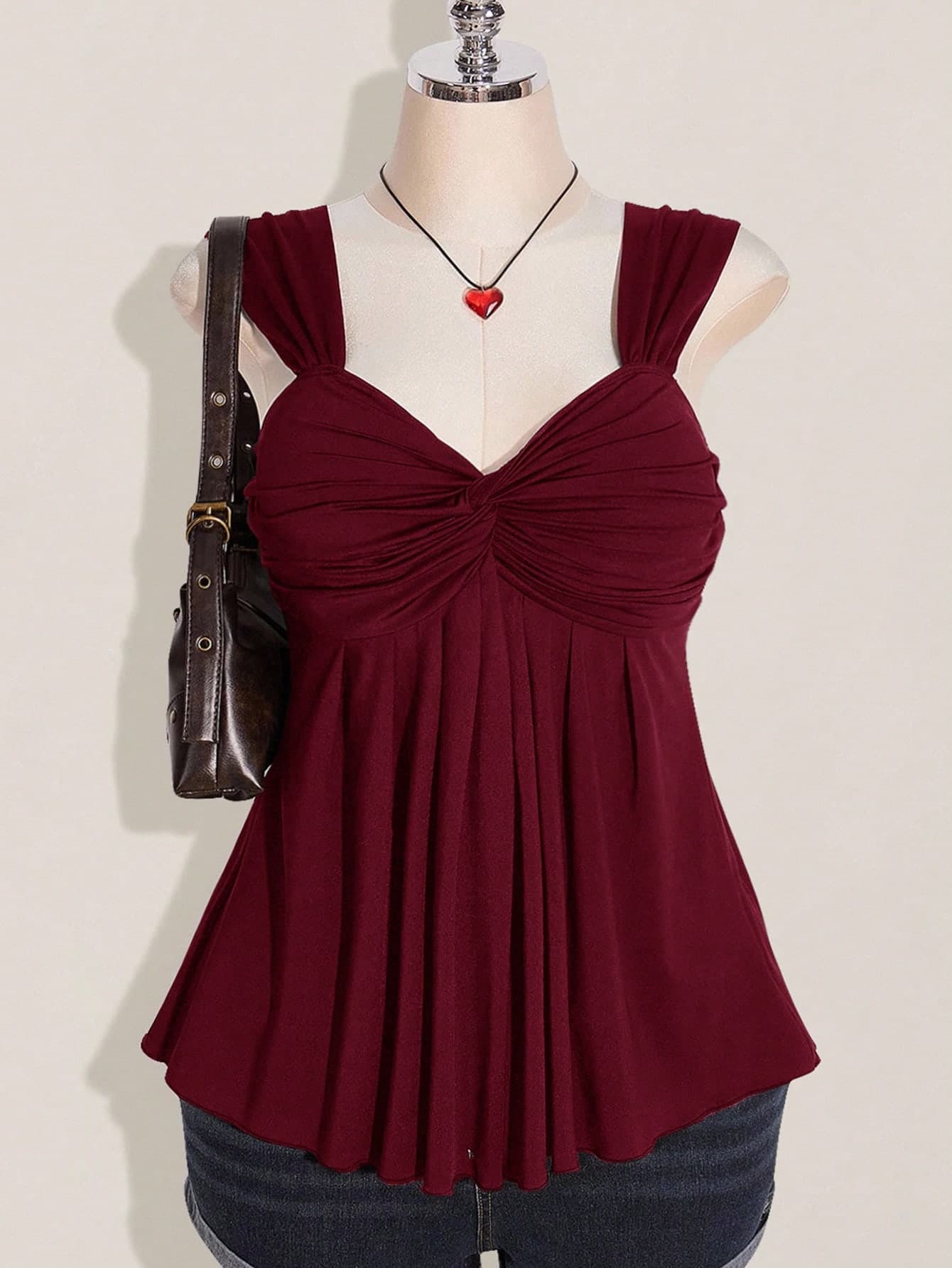 SHEIN ICON Plus Size Women's Wine Twist Front Sleeveless Babydoll Knit Top, Y2K Style, Suitable For Graduation/Back To School Season, Summer Cute Tops