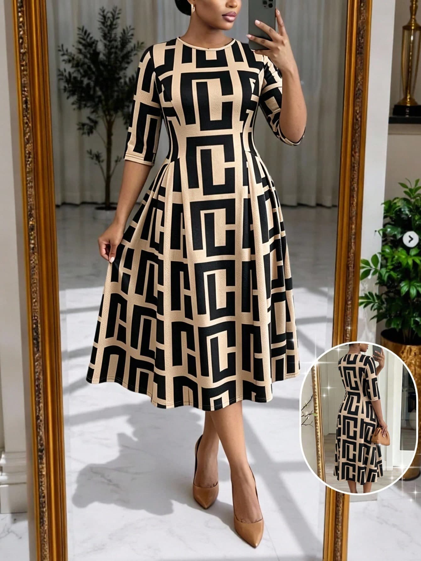 SHEIN Lady CURVE Plus Size Women's Geometric Print Round Neck Casual Elegant Party Dinner Wedding Guest Dress Autumn Teachers' Day Beige Fall