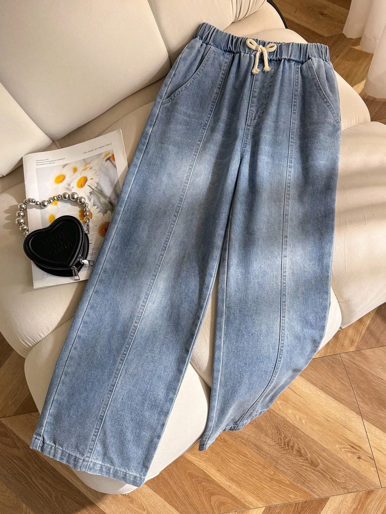 SHEIN Girls' Autumn Cotton Washed Versatile Fashion Casual Comfortable Loose Fit Elastic Waist Blue Light Washed Denim Long Pants Back-To-School Work,Soft