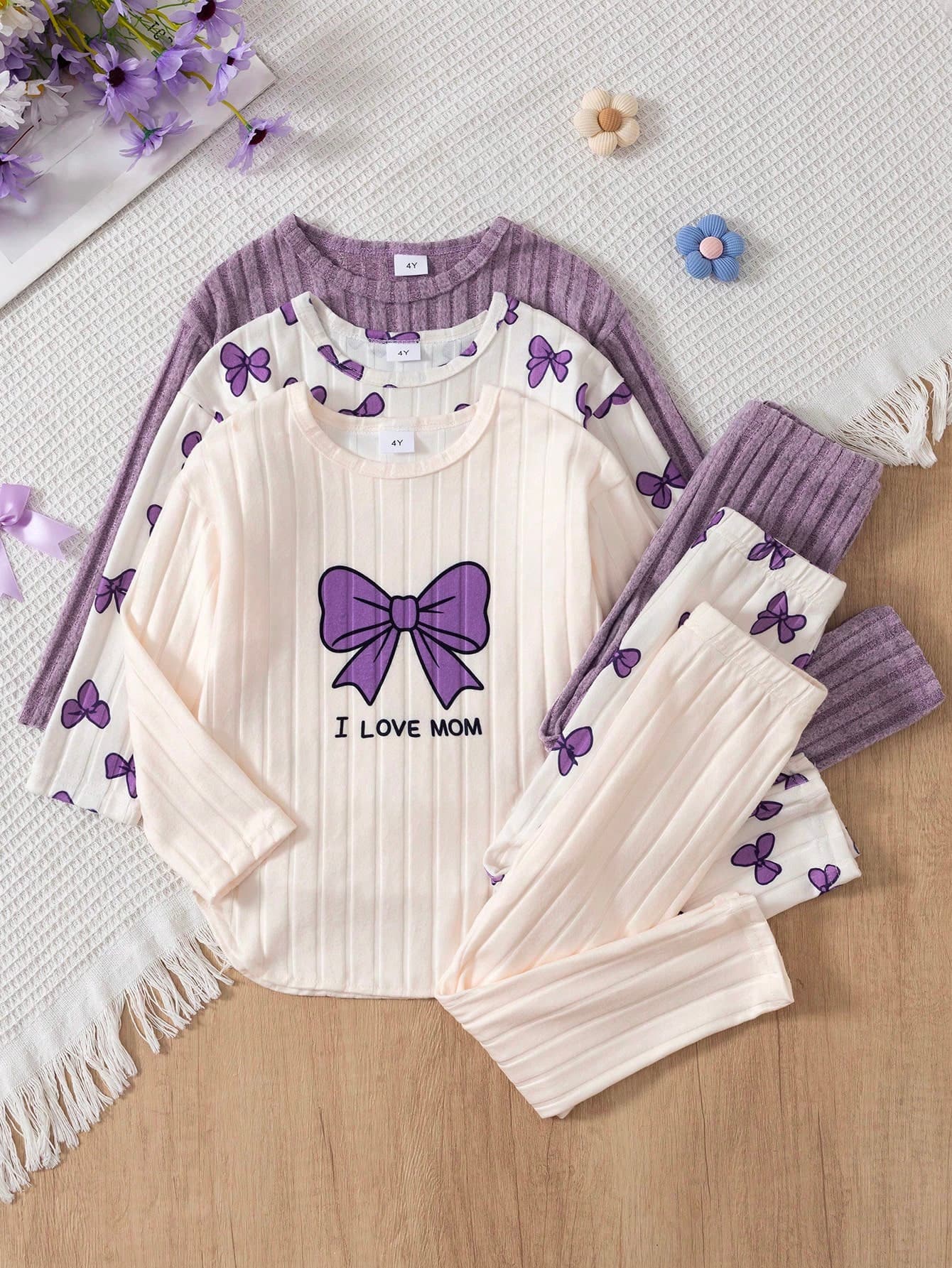 SHEIN New Girls' Bow Knot Ribbed Long Sleeve & Long Pants Set, Sweet Purple Bow Knot Print + Purple 3-Piece Set, Ribbed Fabric Fall Clothes