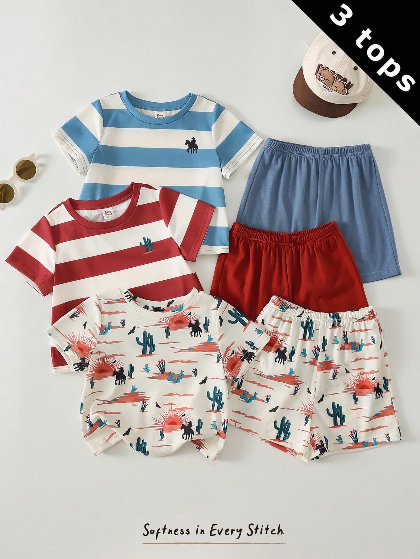 Cozy Pixies Baby Boy Colorful Striped Style Desert Pattern Knit Soft Round Neck Short Sleeve Pullover Top Elastic Waist Shorts Casual Vacation 3pcs -Piece Set
