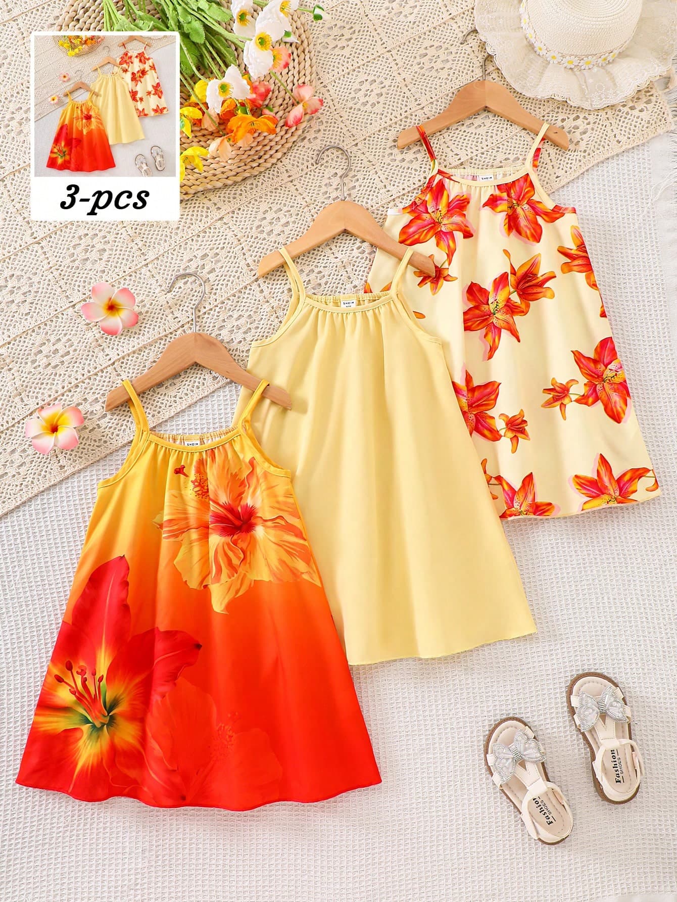 Young Girls Spring/Summer Casual Fashion New Hot-Selling 3-Piece Dress Set: Woven Fabric Orange Gradient Floral Digital Print Dress + Orange Lily Leopard Print Digital Print Dress + Light Yellow Solid Color Sleeveless Strappy Straight Dress, Soft Fabric, Suitable For Outings, Vacations, Parties, Holidays, Spring/Summer Outfits