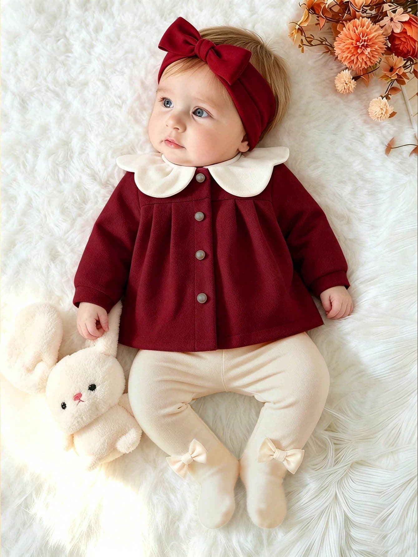 SHEIN Baby Girl Overcoat & Leggings 2-Piece Set, New Peter Pan Collar Autumn/Winter Outfit, Baby Girl Wool Jacket