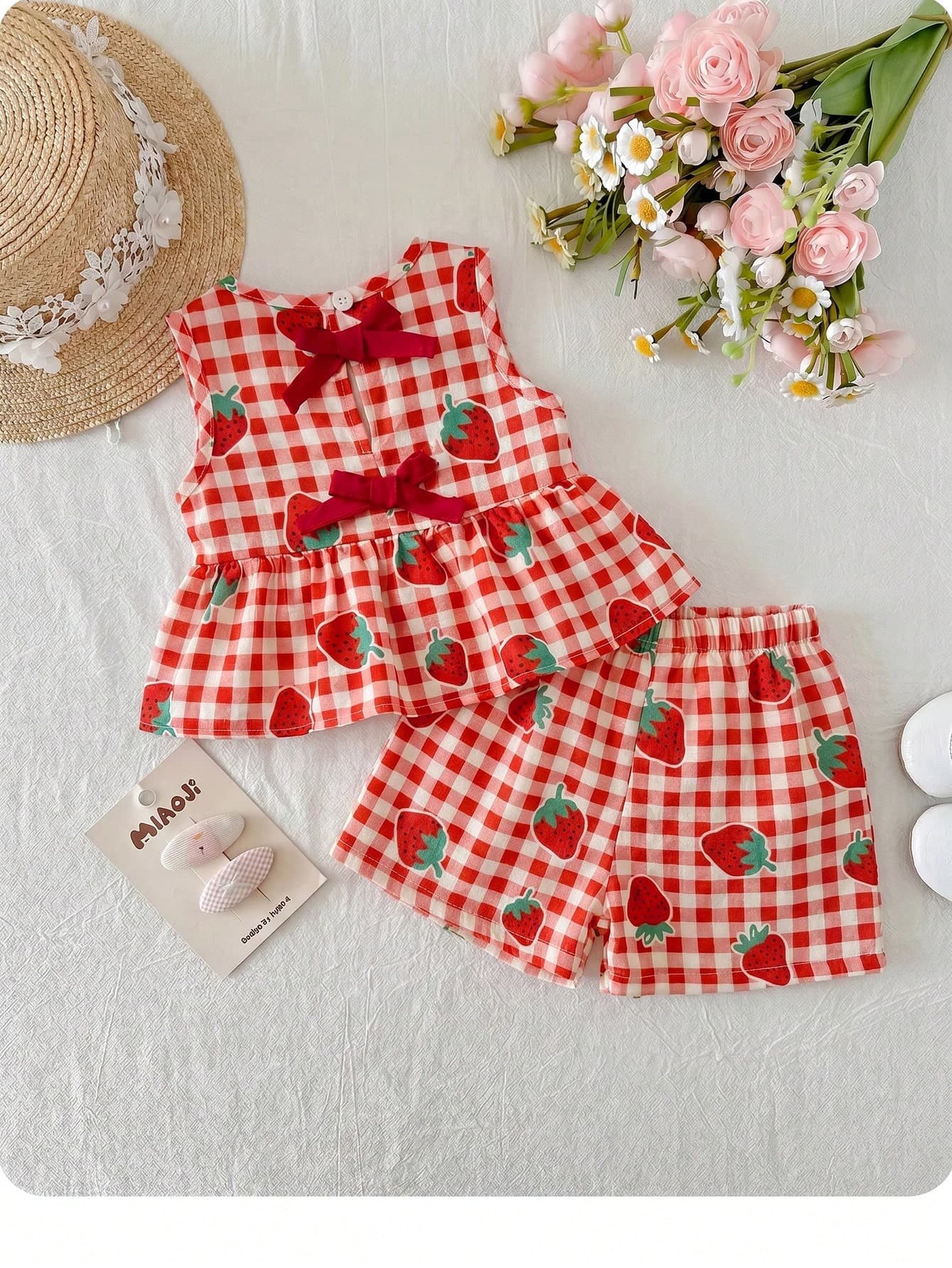 Babygirl Cute Vacation Casual Floral Pattern Bow Tank Top Elastic Waist Long Pants Set