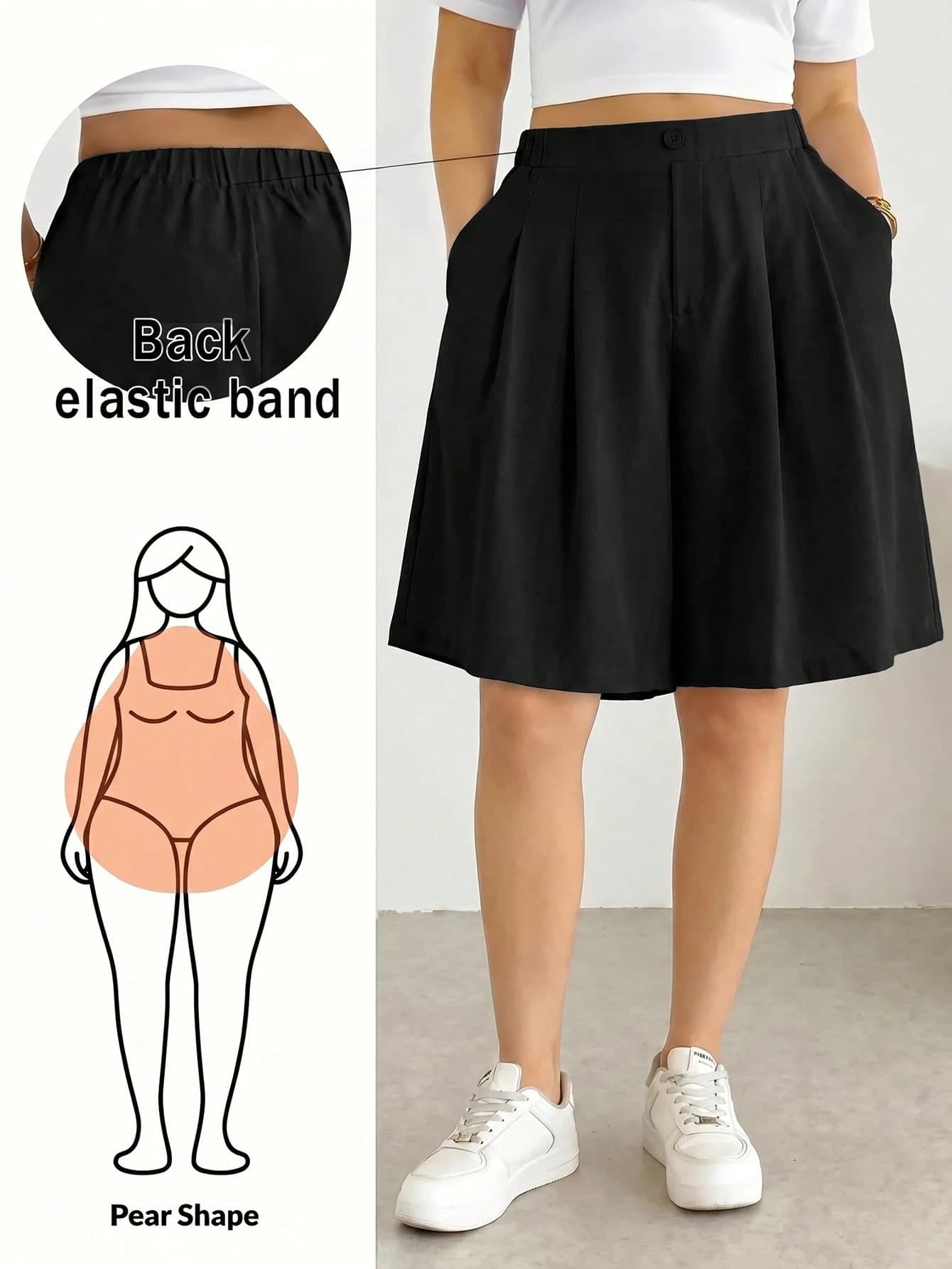 Shapeblank Plus Size Women's Solid Color Pleated Casual Traditional Versatile Daily Wear Shorts Black Summer