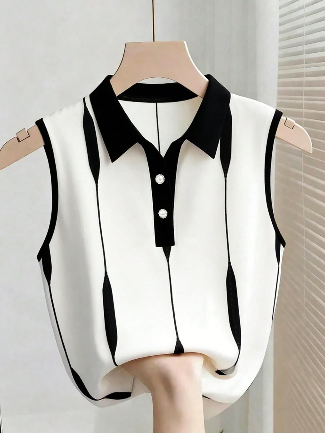 Franclia Women's Polo Collar Black And White Striped Knit Sleeveless Vest,Summer Effortless Chic School Casual Top For Commuting,Business Office Work Wear
