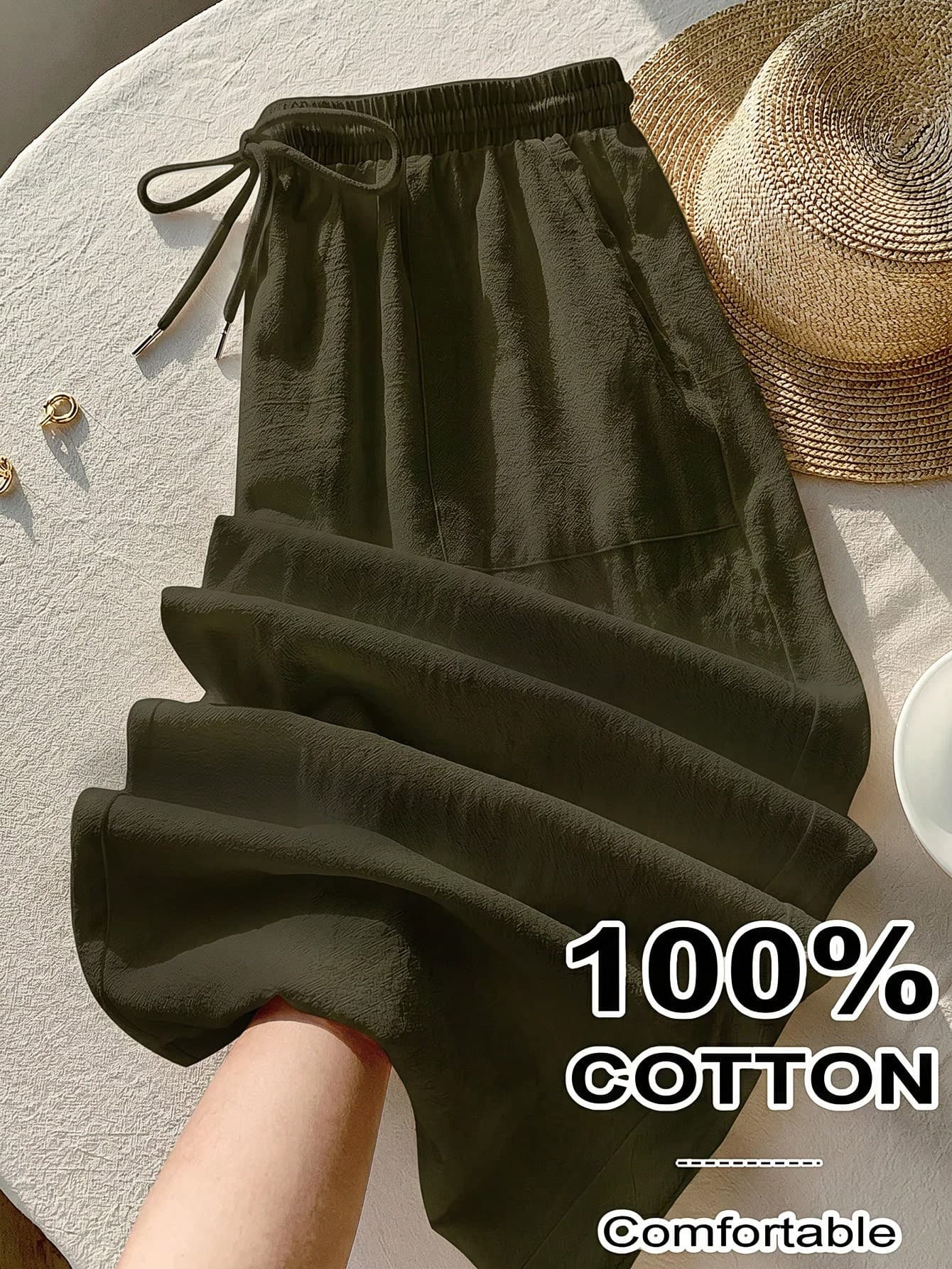 Comfortcana Casual Smart Casual Plus Size Women's Textured Drawstring Waist Pocket Long Pants Vacation Army Green Summer