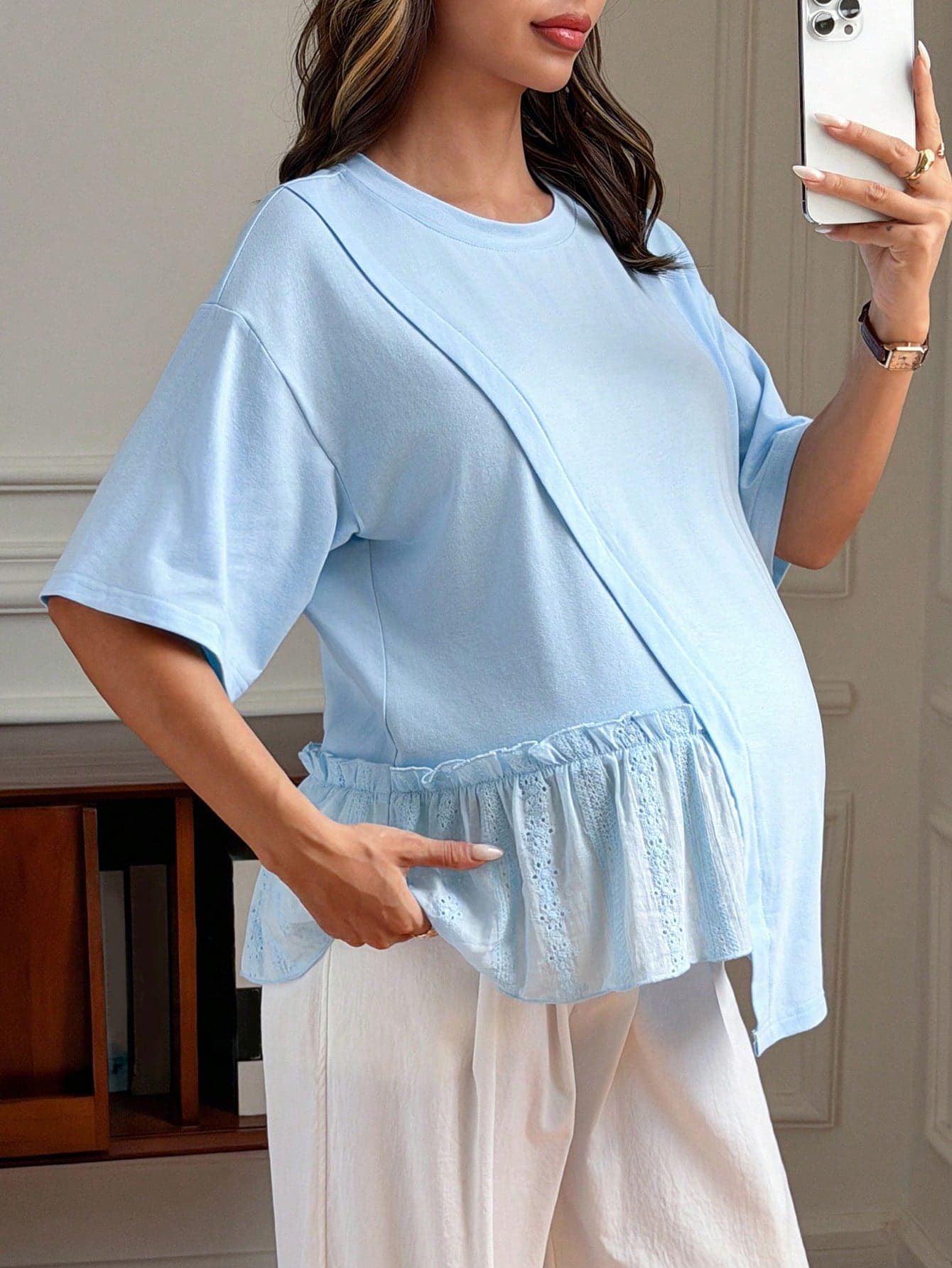 DAZY Maternity Casual Short Sleeve T-Shirt With Round Neck, Solid Color With Contrast Lace And Asymmetrical Hem, Spring/Summer