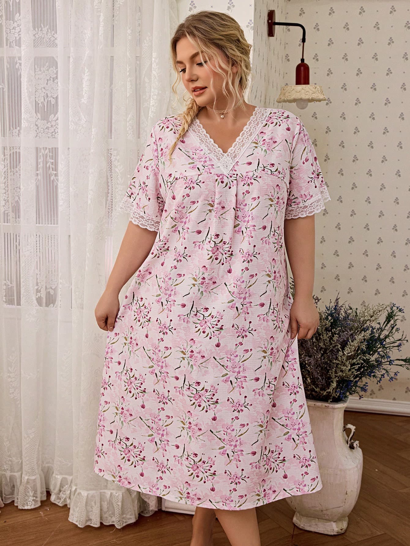 CottageSlumber Plus Size Lace Patchwork V-Neck Short Sleeve Romantic Floral Print Nightgown