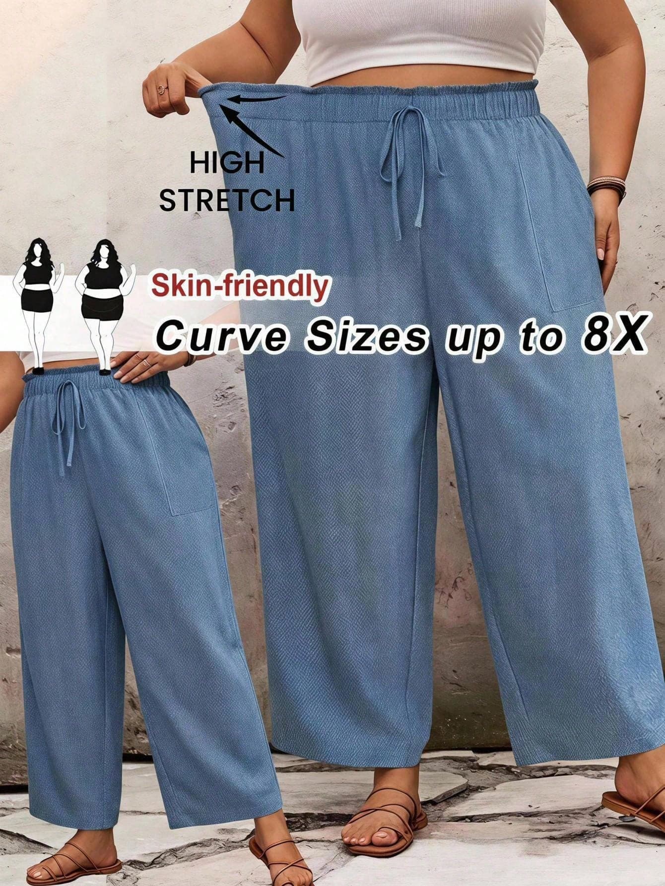 SHEIN CURVE+ Plus Size Women's High Waist Loose Flared Leg Solid Color Ruffle Summer Pants, ,Hoho Vacation