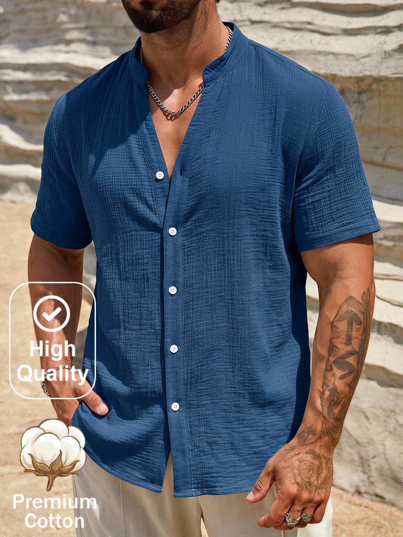 HIMLAND Men's Cobalt Blue Textured Band Collar Short Sleeve Shirt With Deep V-Button Placket. Relaxed Loose Fit In Lightweight Crinkled Woven Fabric. Breezy M