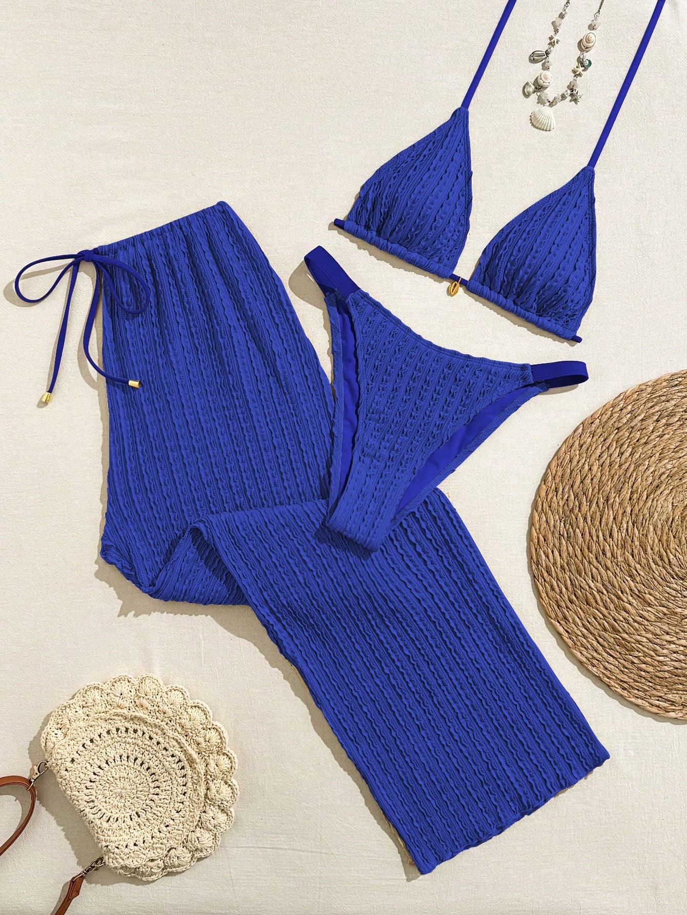 Swim Vcay 2026 Spring/Summer New Women's Klein Blue Vertical Stripe Hollow Texture 3-Piece Swimsuit Set, Bright Blue Thin Halter Triangle Bikini Top, Side Tie High-Cut Bottoms, Long Drawstring Wide Leg Pants, Island Vacation Beach Outfit