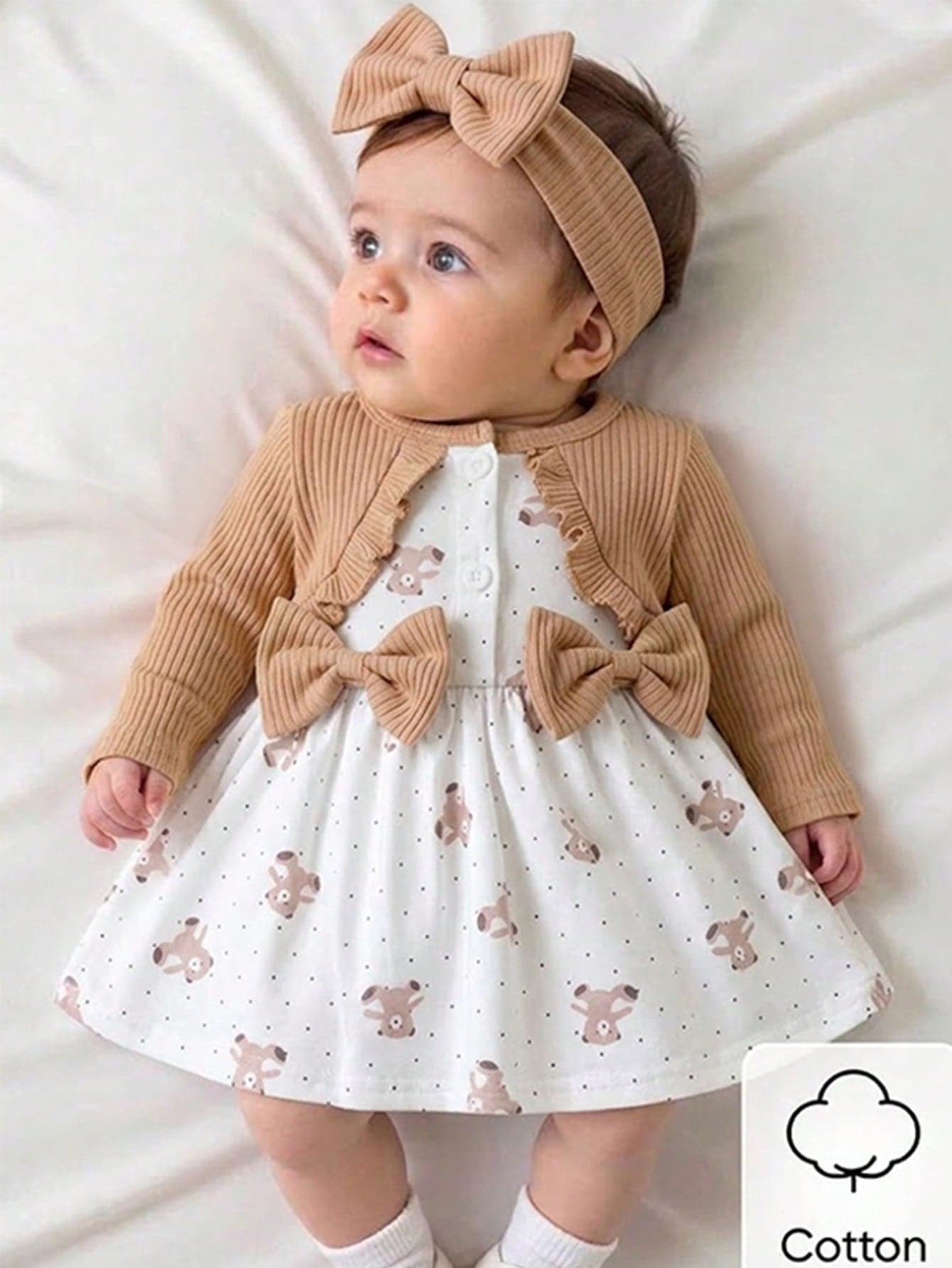 SHEIN Playful Pals Newborn Khaki Cute Bear Print Bow Decor Long Sleeve Dress And Matching Headband 2pcs Set, Elegant Sweet Cute, Suitable For Spring Summer Autumn Winter, Birthday Party, Daily Outdoor Casual Activities