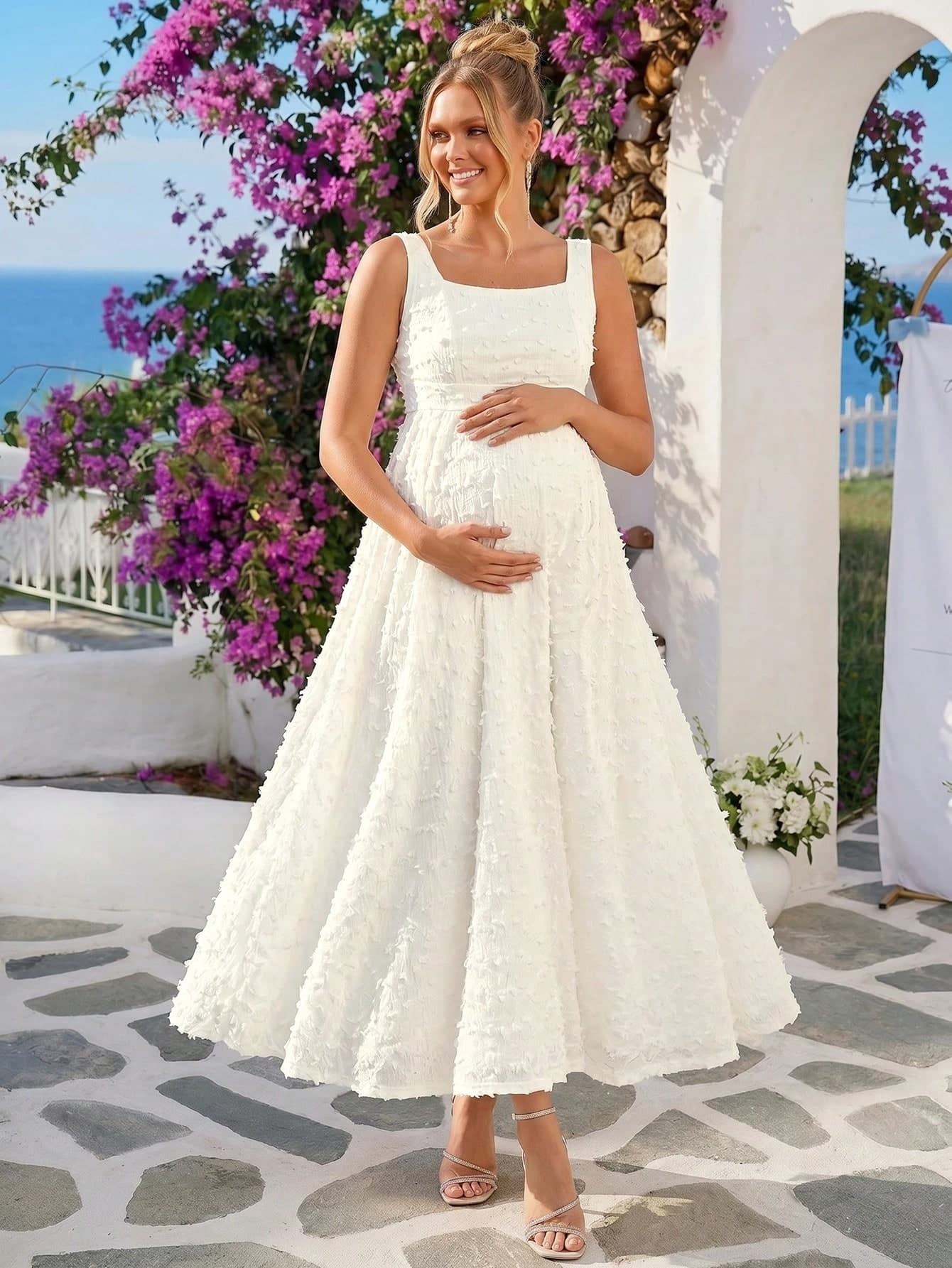 Loomaby Elegant Maternity Party Solid Color Sleeveless Tie-Back Backless Dress Dress Gender Reveal Dress Maternity Dress Baby Shower Dress