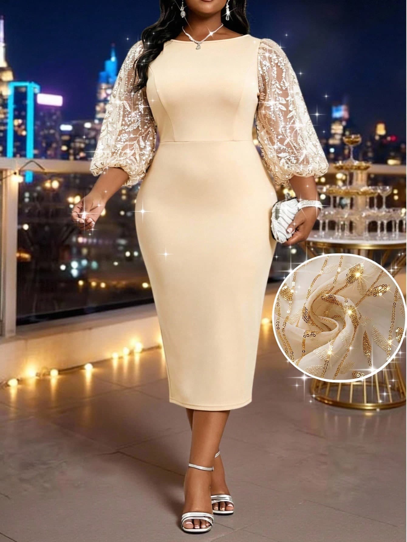 SHEIN Lady Plus Size Elegant Formal Party Wedding Guest Dinner Evening Sequin Embroidered Mesh Patchwork Dress Beige Autumn