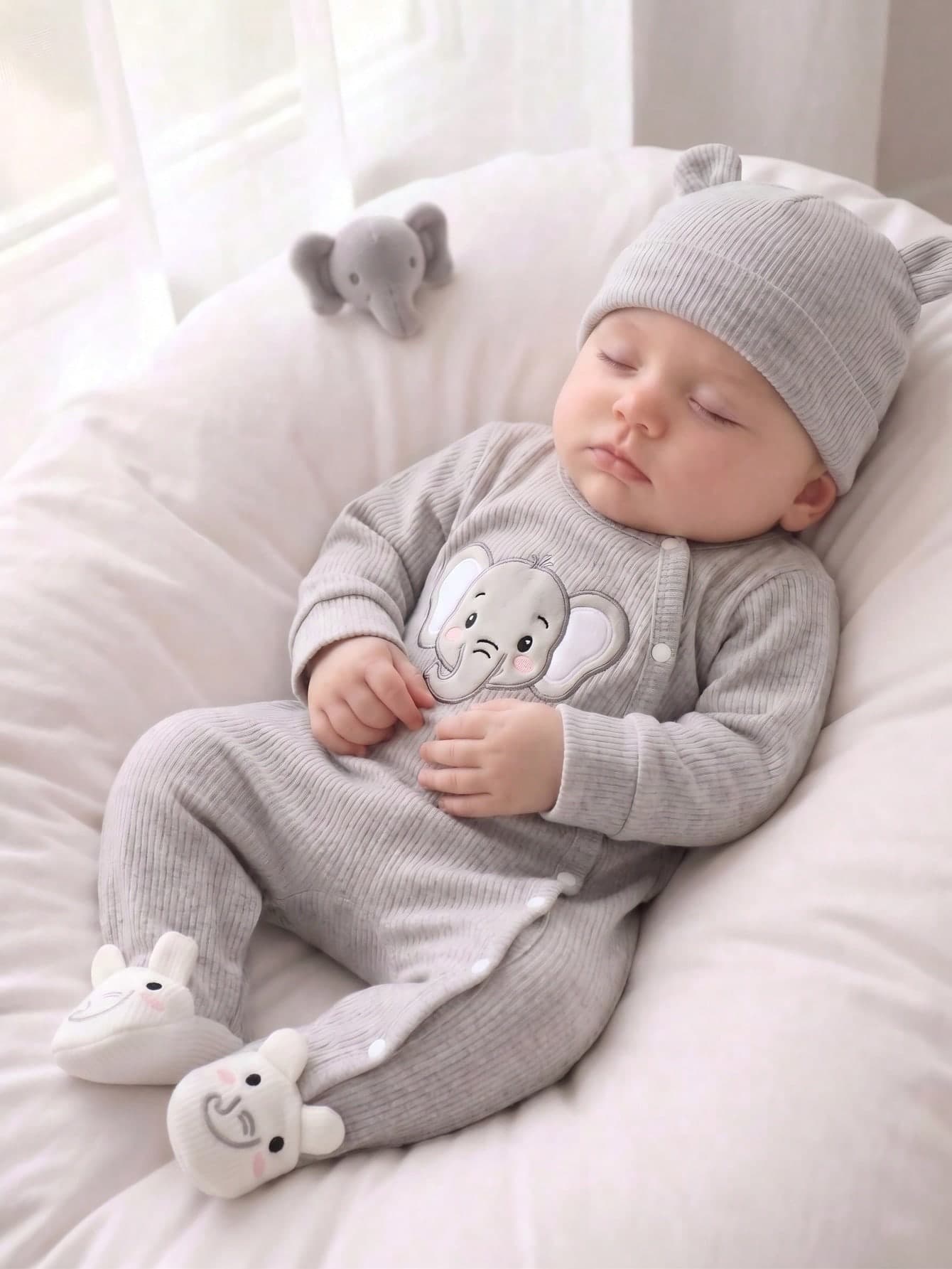 SHEIN New Gray Cute Elephant Embroidered Long Sleeved Jumpsuit For Male And Female Babies