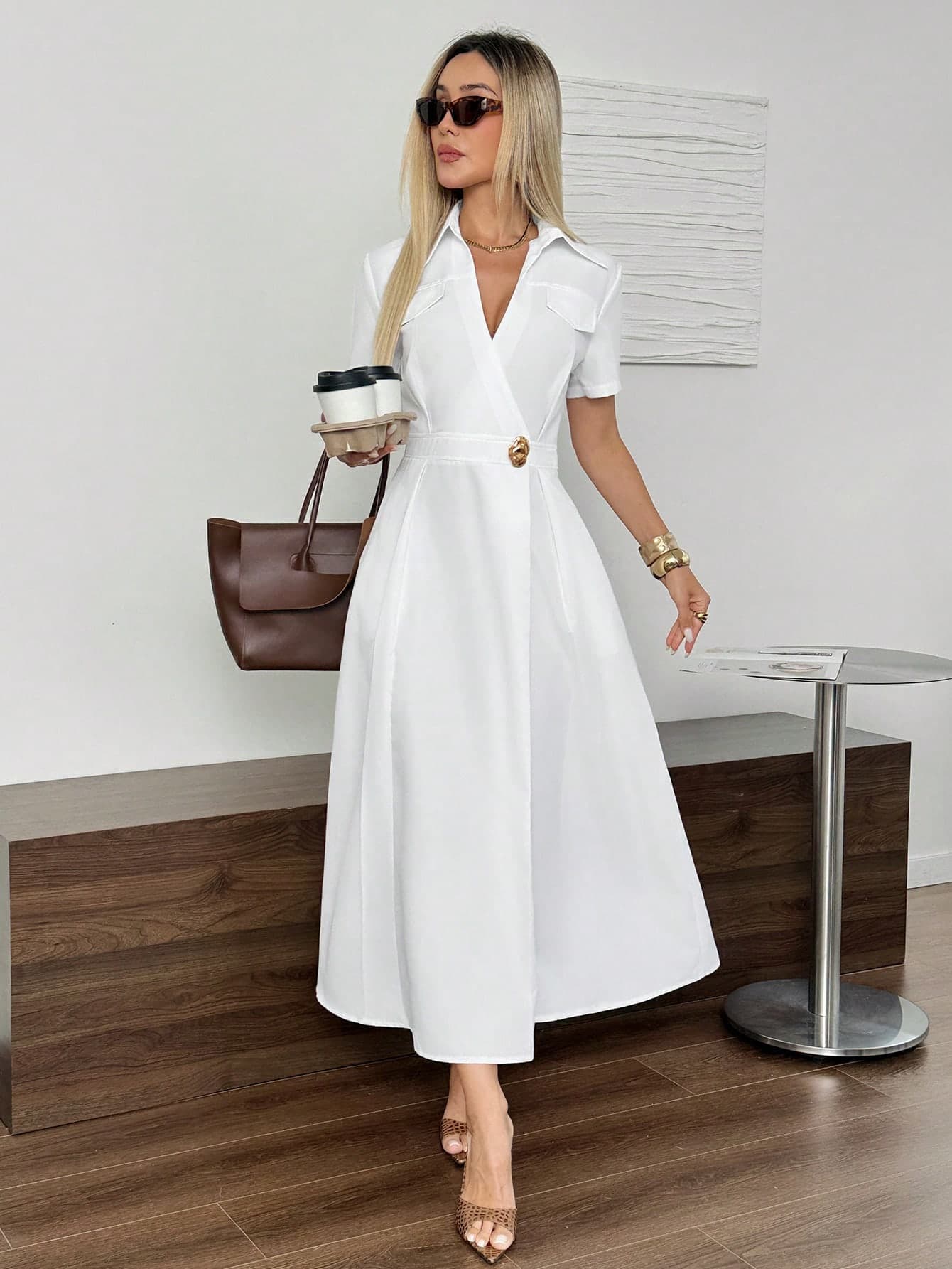 Easowa Women's Long Sleeve Short Sleeve Dress With Lapel, Criss-Cross V-Neck, Metal Decor Buckle, Slanted Pockets, Cinched Waist, Large A-Line Umbrella Skirt, Casual Relaxed Elegant Commute Old Money Style Vacation Spring Summer