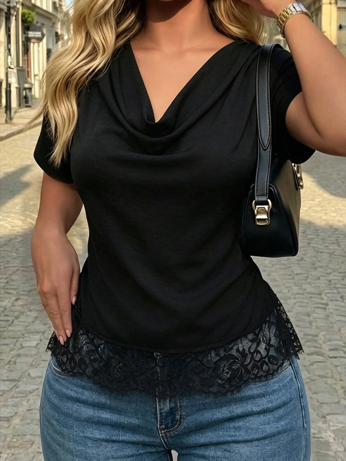 Weeklong Plus Size Black Cowl Neck Blouse, Short Sleeve Lace Trim Elegant Top For Daily & Date