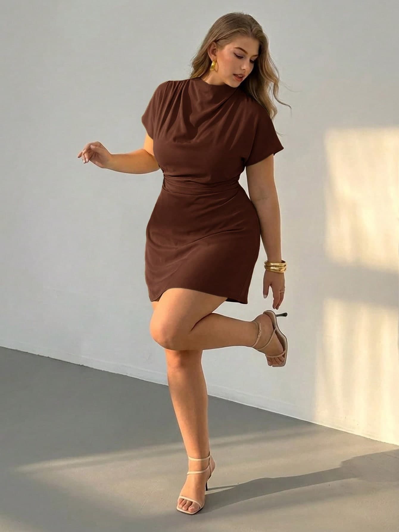 Auralis Plus Size New Summer Chocolate Brown Cinched Waist Pleated Slimming Commuter A-Line Mini Dress Elegant Casual Office Bussines Formal Workplace Outfit
