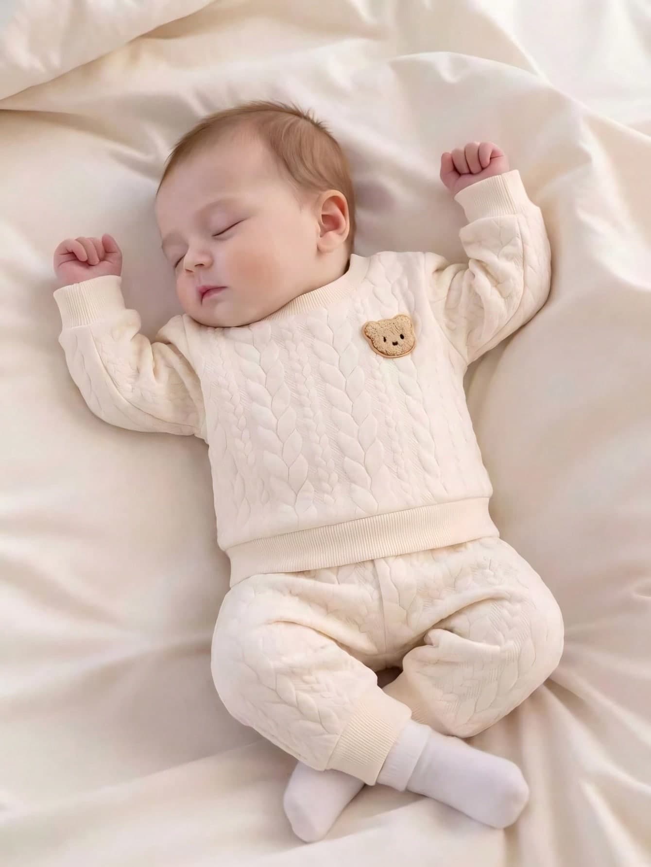 SHEIN Newborn Male Infant Apricot Colored Pullover Long Sleeved Teddy Bear Seal Top And Pants Set