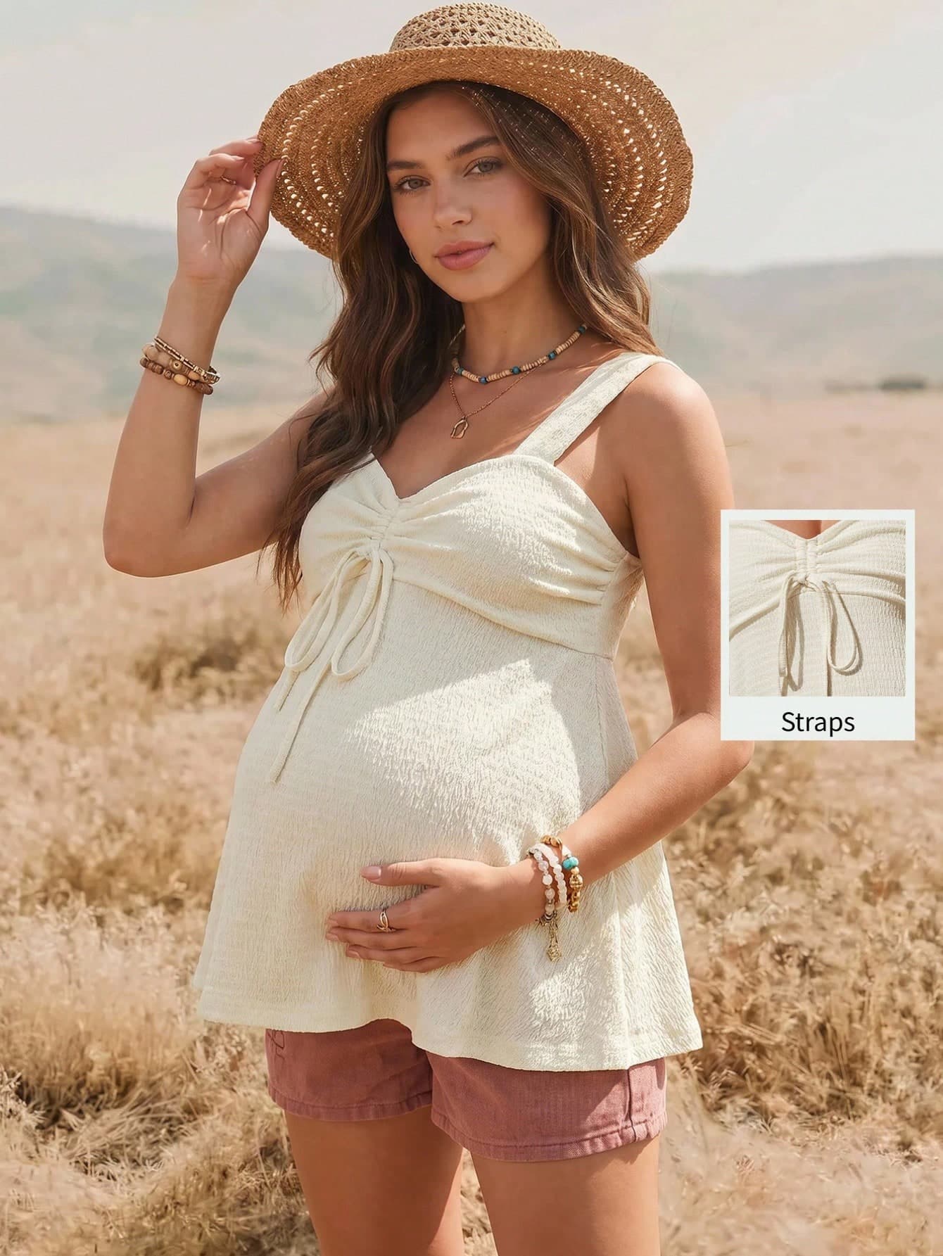 Boho Mama Maternity Vacation Solid Color Front Tie Casual Thick Strap Tank Top Going Out Summer Tops BOHO