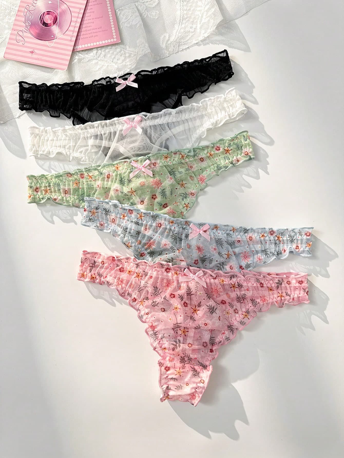 PetitDoll Women's 5pcs/Set Floral Bow Decor Frill Trim Thong Panties