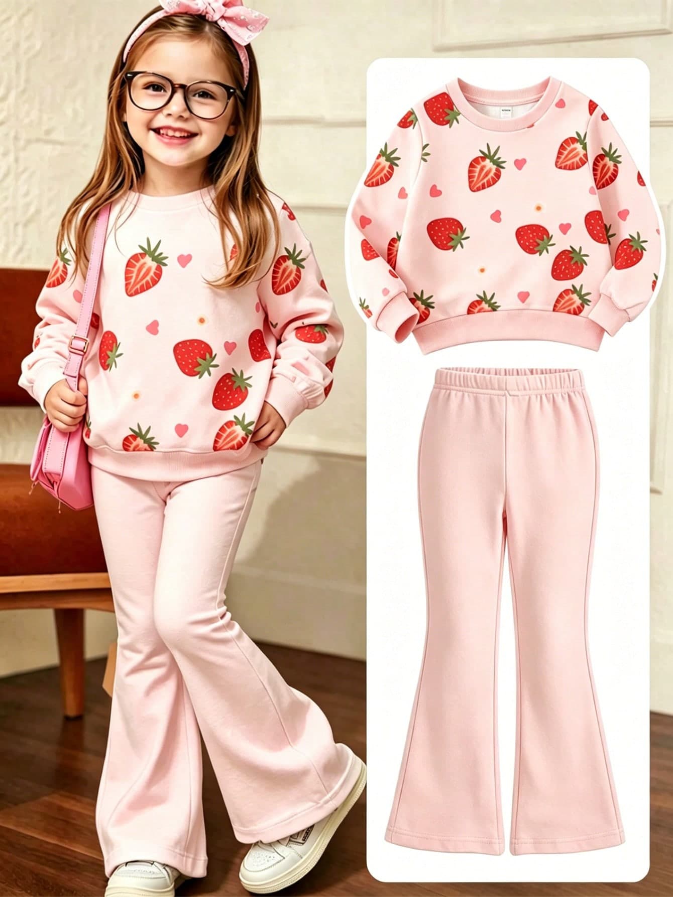 SHEIN Young Girl 2-Piece Set Sweet Cute Strawberry Fruit Pattern Vacation Style Printed Crew Neck Long Sleeve Sweatshirt And Elastic Waist Flare Pants Outfit, Suitable For Spring Autumn Winter, Fashionable Versatile Casual Sweet Pink Kawaii Cute