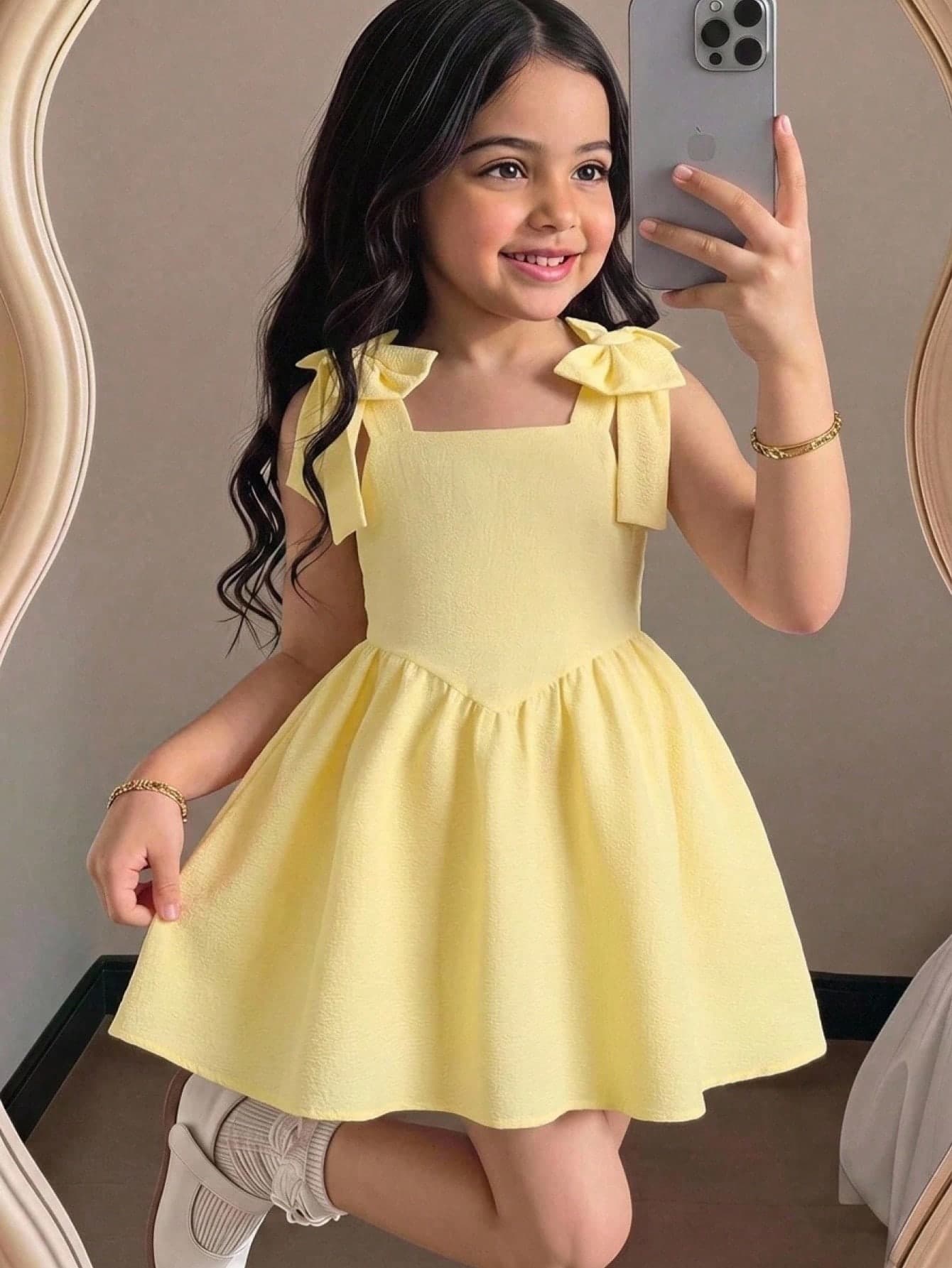 Young Girl 3D Jacquard Cami Dress, Textured Jacquard Fabric, Square Neckline, Shoulder Bow Decor, Cinched Waist, Full Skirt, Soft Yet Structured, Suitable For Multiple Seasons, Exquisite Jacquard, Perfect For Daily Wear, Outings And Party Scenes, Loose Fit, Easy To Style And Care For, Creates A Gentle And Sweet Little Princess Look, Pale Yellow