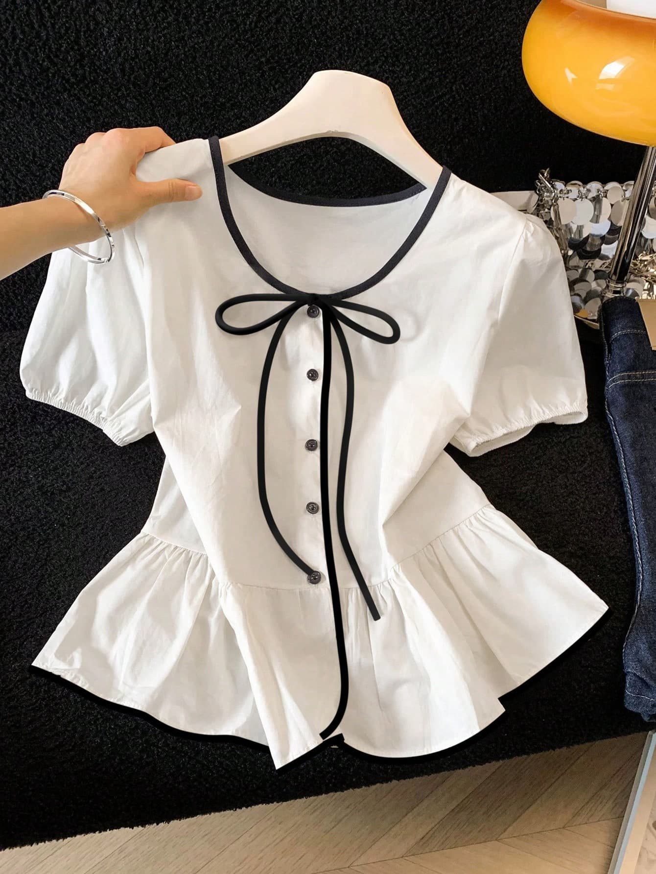 SHEIN Franclia White And Black Elegant Tea Party Summer Gentle Cream-White Cinched Waist Blouse,Contrast Trim+Bow Tie,Puff Sleeves,Ruffle Hem Skirt,Soft Chic Top