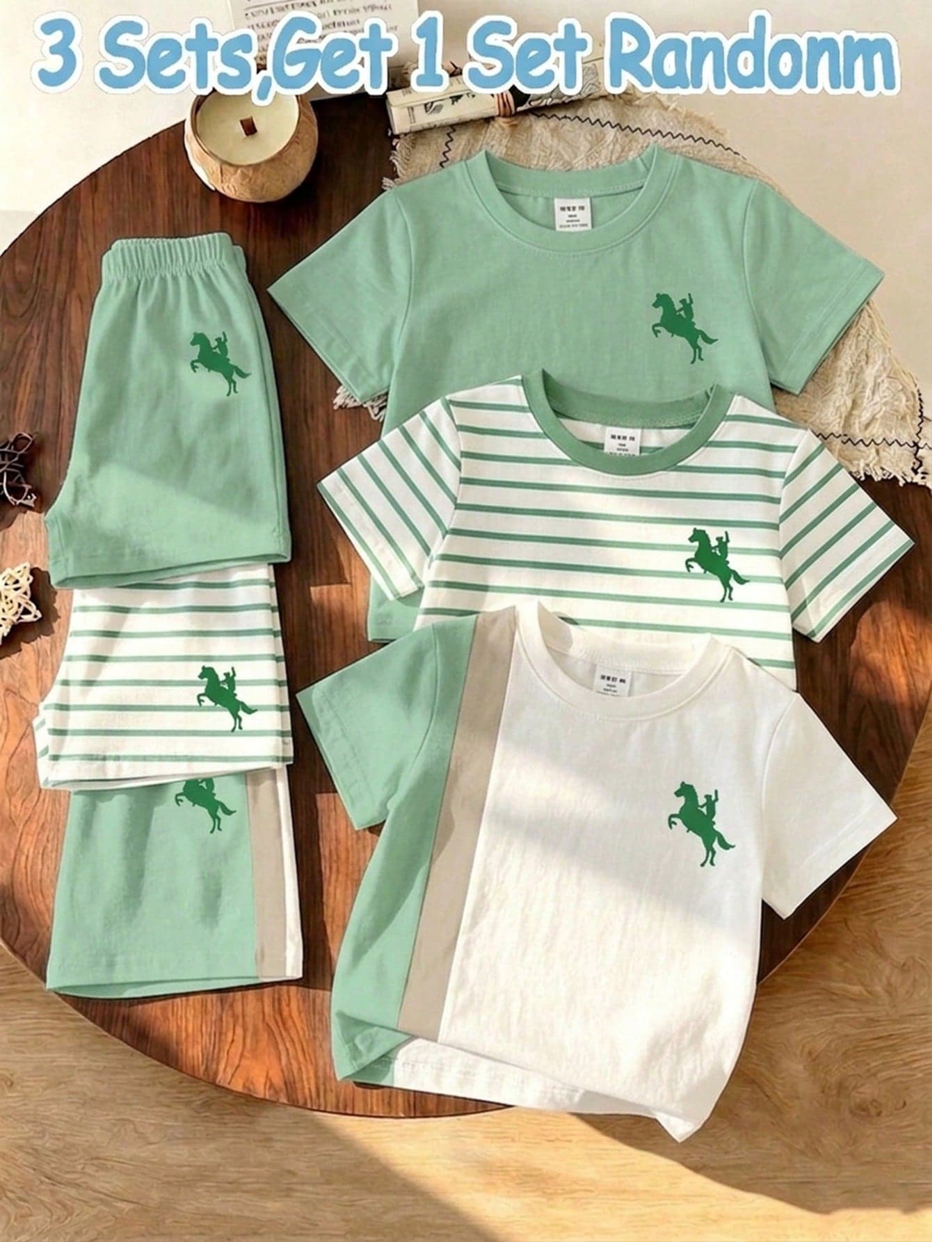 Random 3 Sets Get 1 Set Lime Green Colorblock Kids Casual Fashion Classic Knight Print Round Neck Short Sleeve T-Shirt And Shorts Set,School Clothes