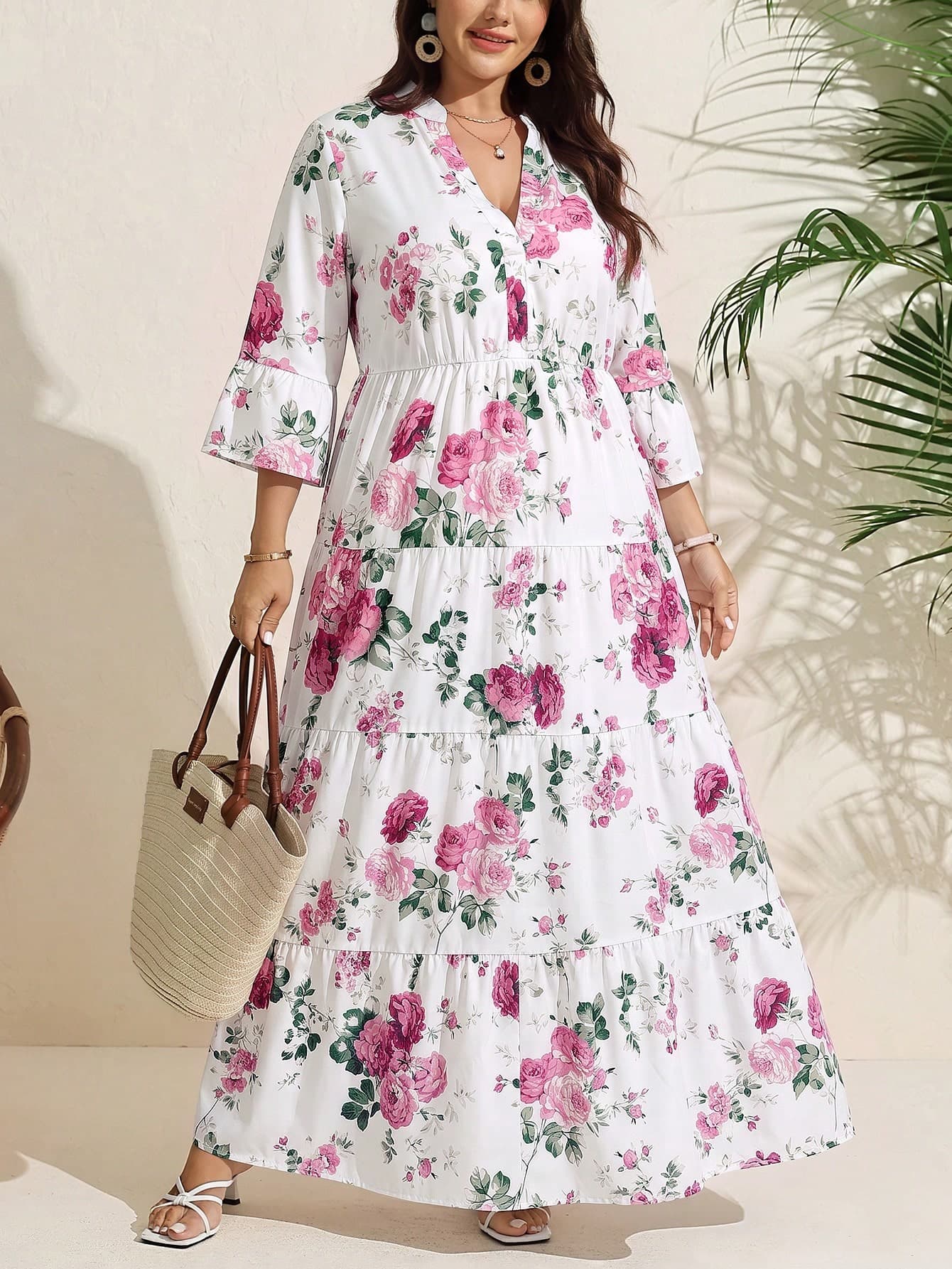 SHEIN LUNE Women's Plus Size Printed Pattern High Waist Dress