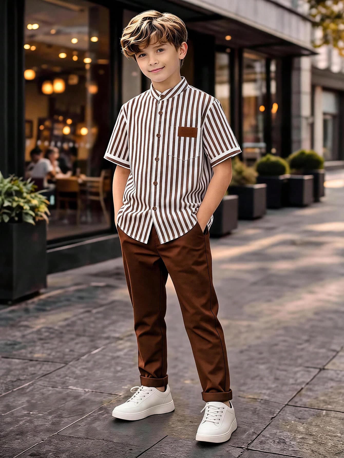 SHEIN Tween Boys Casual Commuter Striped Fabric Small Square Collar Short Sleeve Shirt + Casual Foggy Blue Long Pants, Suitable For Daily Wear, Outdoor Activities, Commuting, School, Short Trips, Holidays, Travel, Wedding, Prom, Graduation Shirts