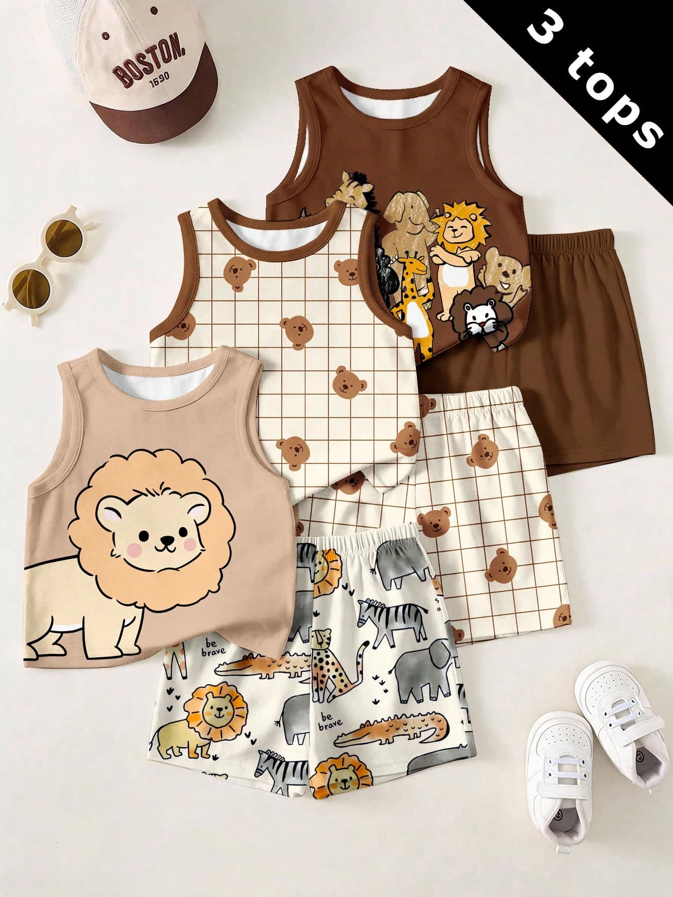 Baby Boy Casual Cute Simple Tank Tops, 3pcs -Piece Set, Suitable For Summer 1st Birthday Brown Beige Khaki Off-White