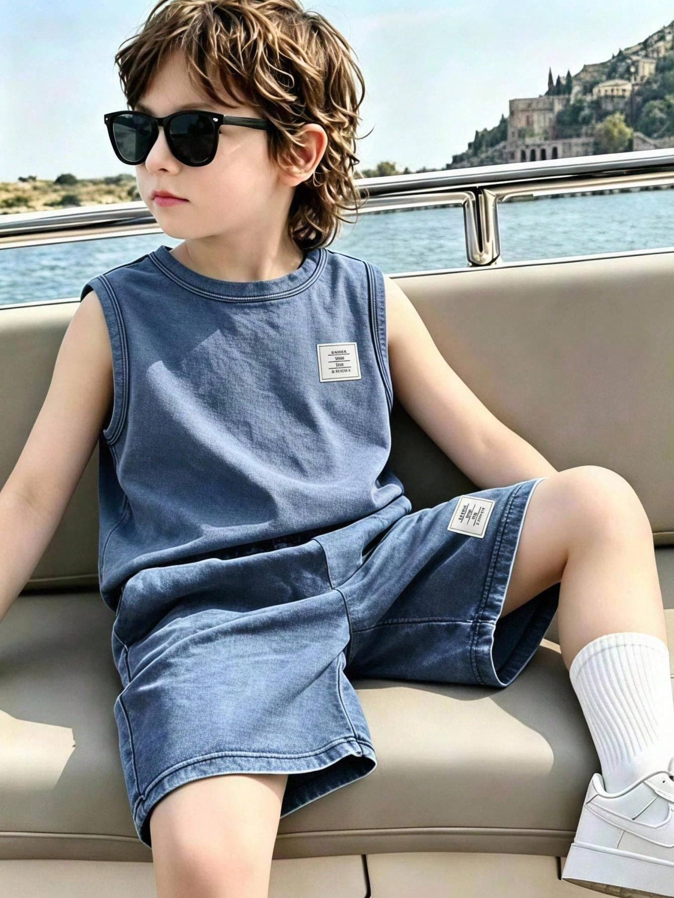 SHEIN Playful Pals 2pcs/Set Young Boys Round Neck Sleeveless Tank Top T-Shirt With Printed English Letters, Washed Pure Cotton Black Summer Casual Set With Elastic Waist Sports Shorts, Comfortable Soft Basketball Running Uniform, New Style