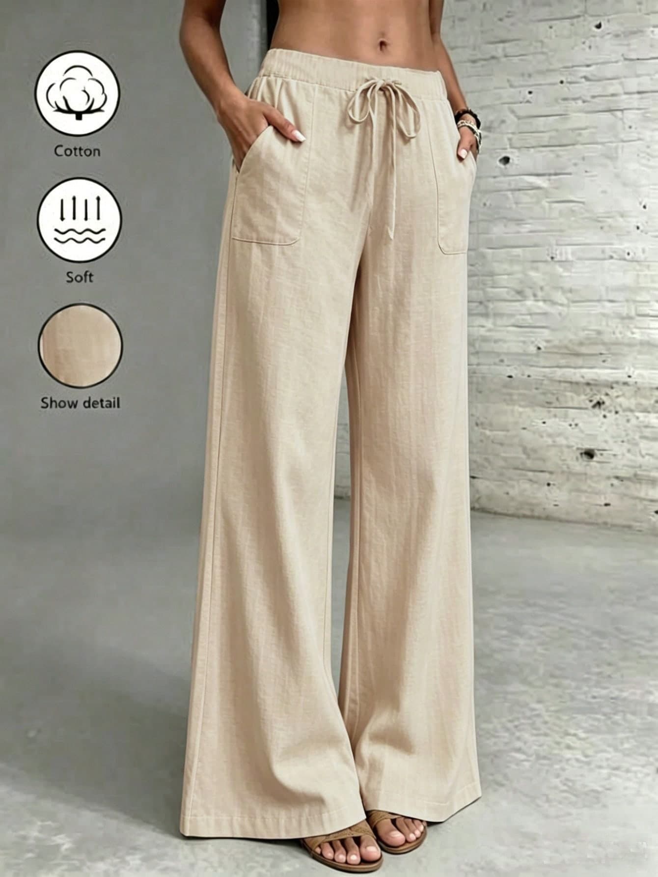 Balvessa Casual Commuter Wide Leg Cotton-Feel Pants With Patch Pockets And Bow Decoration