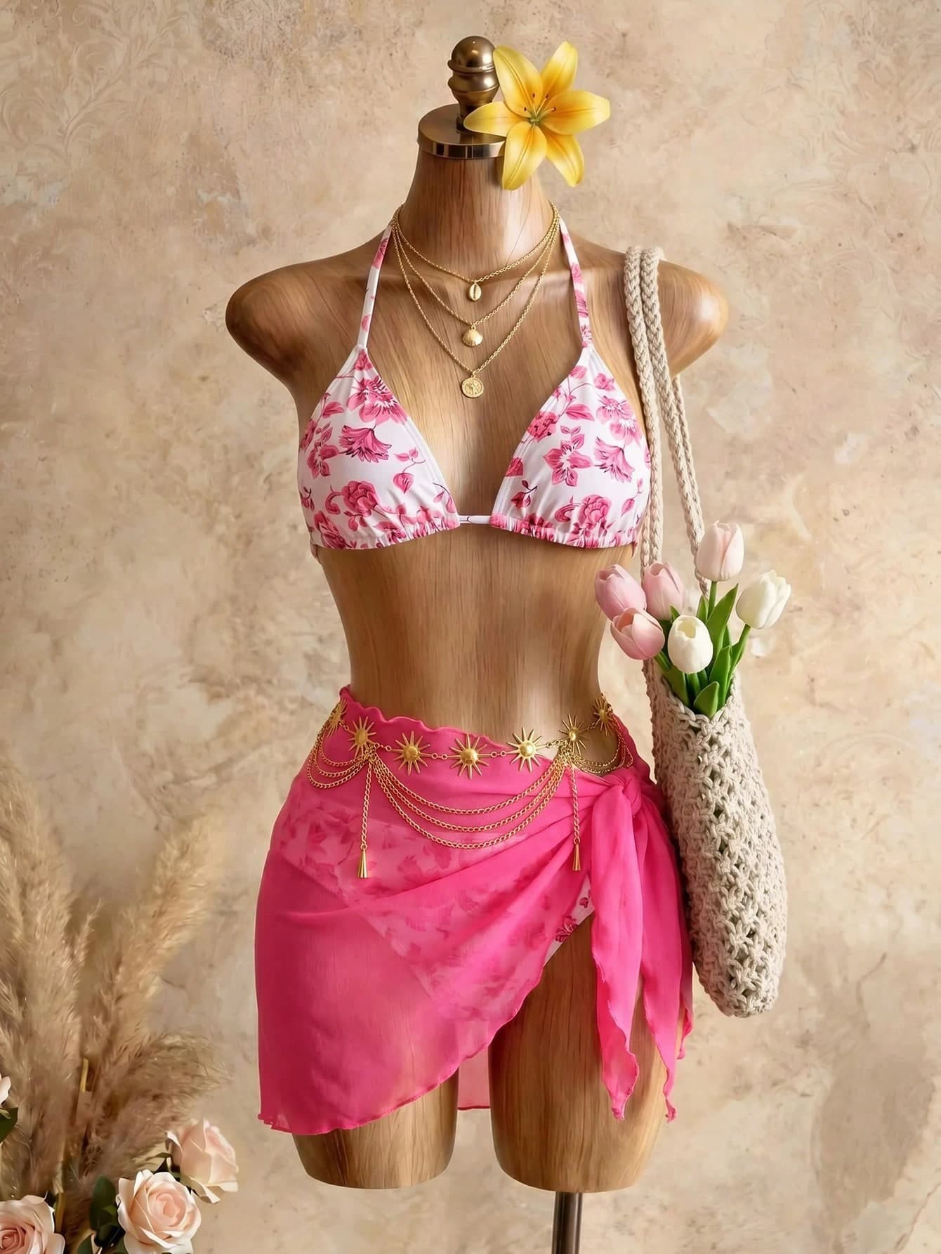 Mistrie Summer Beach Floral Print Halter Triangle Bikini Set With Beach Skirt Vacation