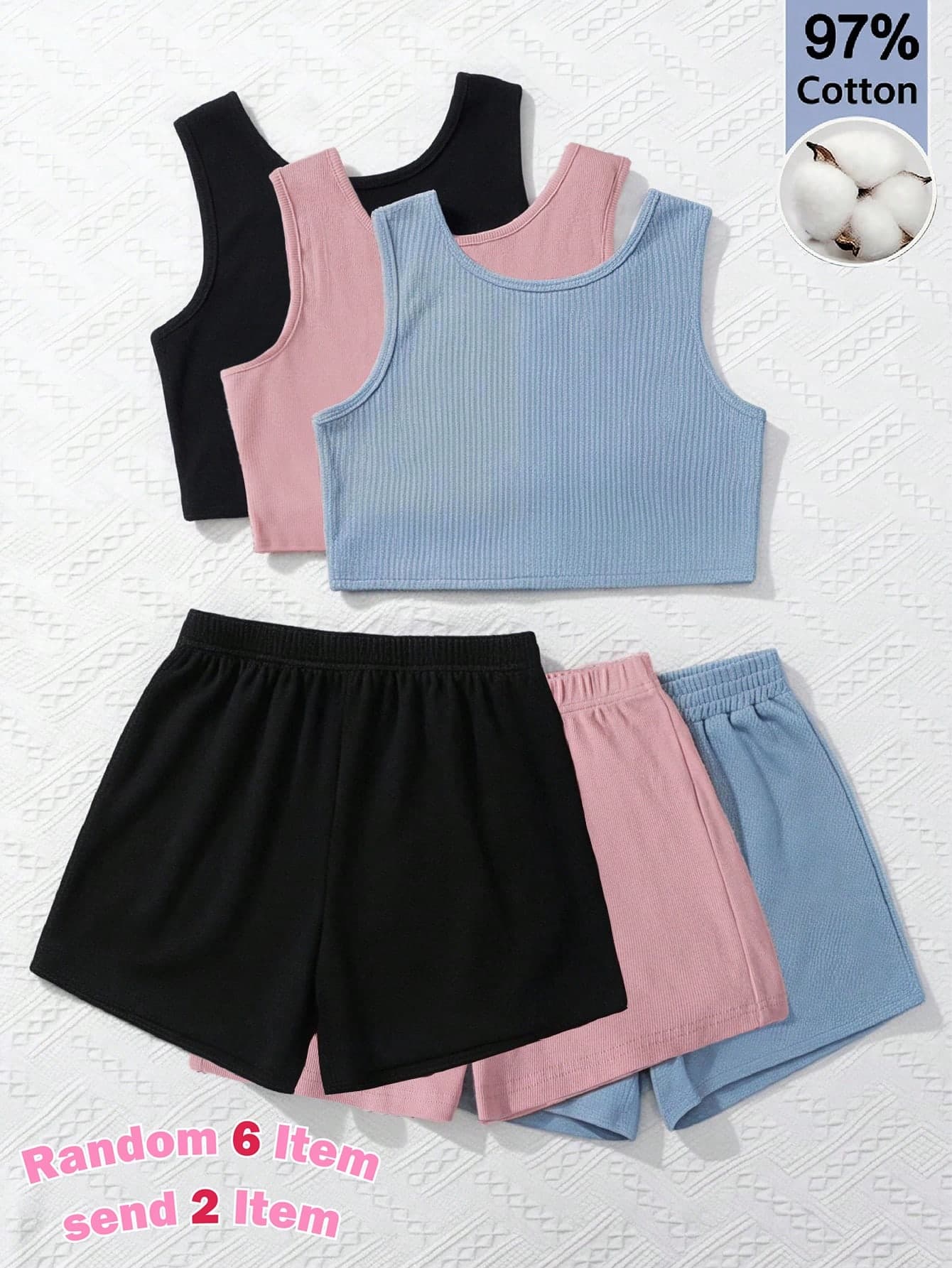 Teen Girls Casual Black Knit Tank Top Shorts Set Gym Summer, Random 1pc Sent