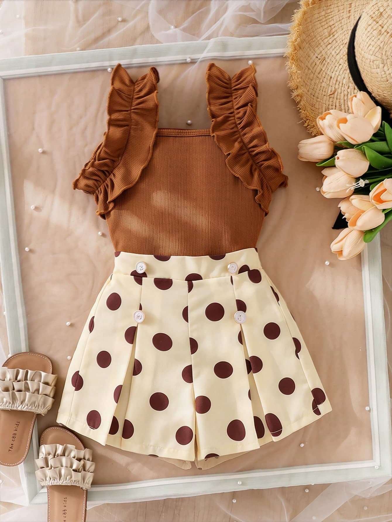 Girls' 2-Piece Summer Outfit Set: Brown Ribbed Knit Sleeveless Tank Top With Ruffle Trim And Apricot Polka Dot Ruched Skort, Fashionable For Outdoor, Party And Play