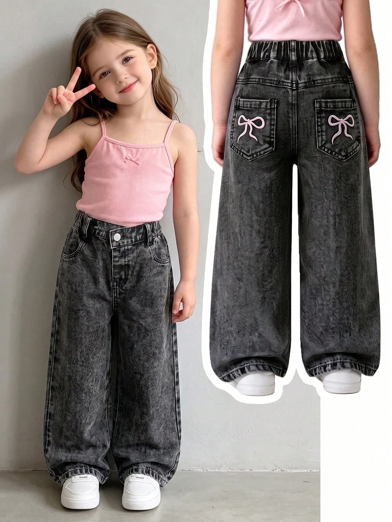 SHEIN Elladie kids Young Girl Denim Jeans, All-Season New Style, Fashion Casual, Vintage Grey Denim, Elastic Waistband With Asymmetric Design, Back Pocket Bow Embroidery Pattern, Fashion, Straight Leg Fit, Soft And Comfortable Fabric, Versatile For Daily Wear, Spring/Autumn New Young Girl Denim Long Pants