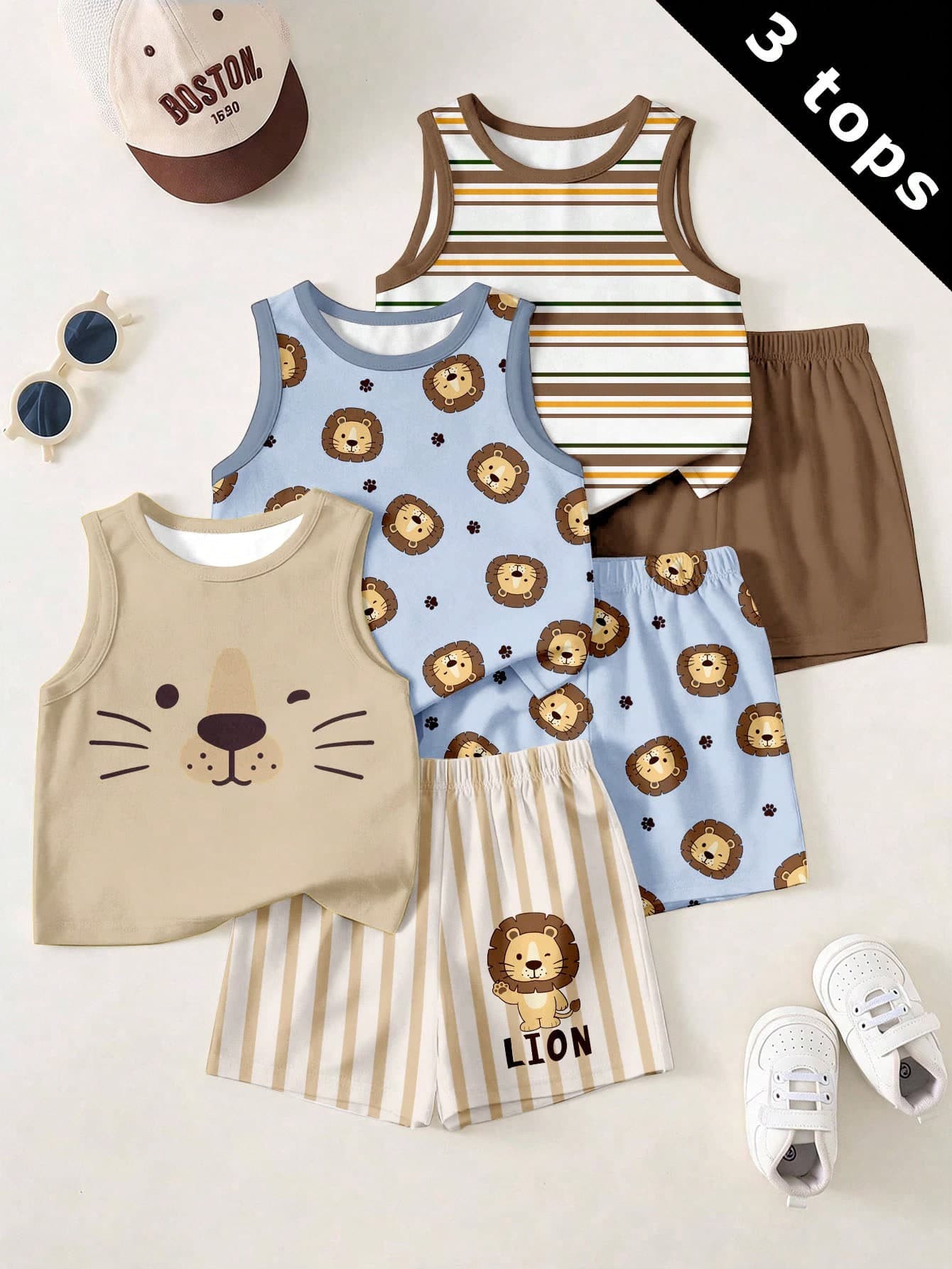 Baby Boy Casual Minimalist Tank Tops, 3pcs -Piece Set For Summer, Classic Cute Cartoon Hand- Bear, Lion Pattern Print, Classic Striped Pattern Print