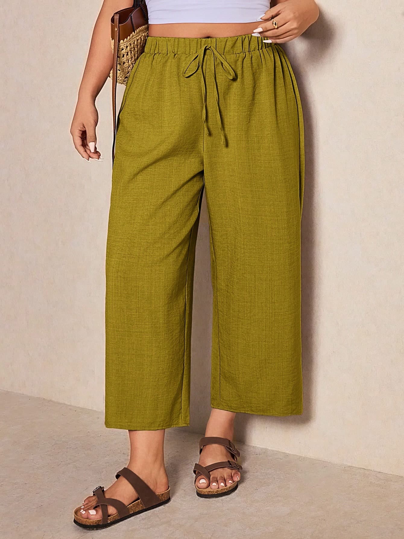 Elaquor Plus Size Women's Solid Color Waist Tie Straight Leg Loose Cropped Pants
