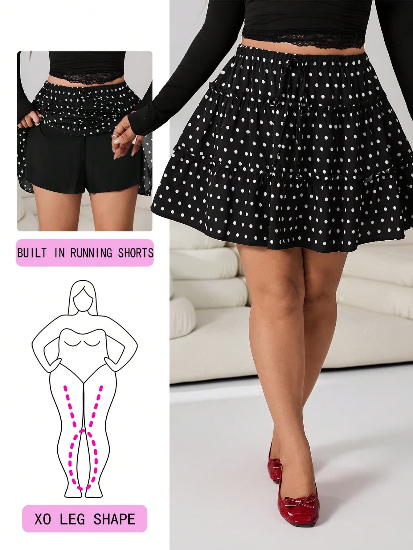 Solflare Black And White Plus Size Women's Ruffle Hem Skirt Skort Airport Holiday Vacation Summer Cute Kawaii