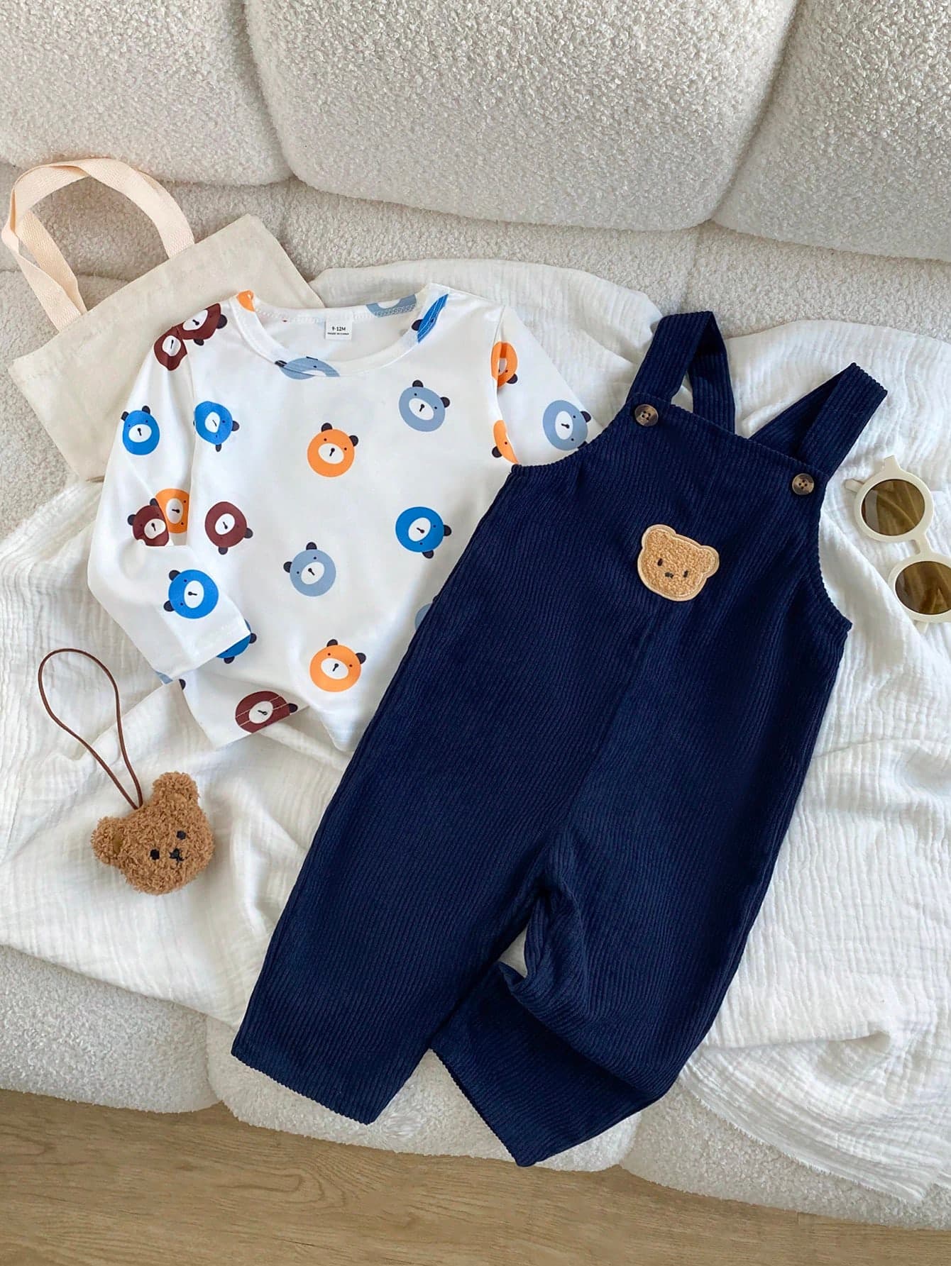 SHEIN Playful Pals Infant Boy Casual Striped Woven Overalls With Front Patch Pocket And Round Neck Long Sleeve Top Set, Autumn/Winter