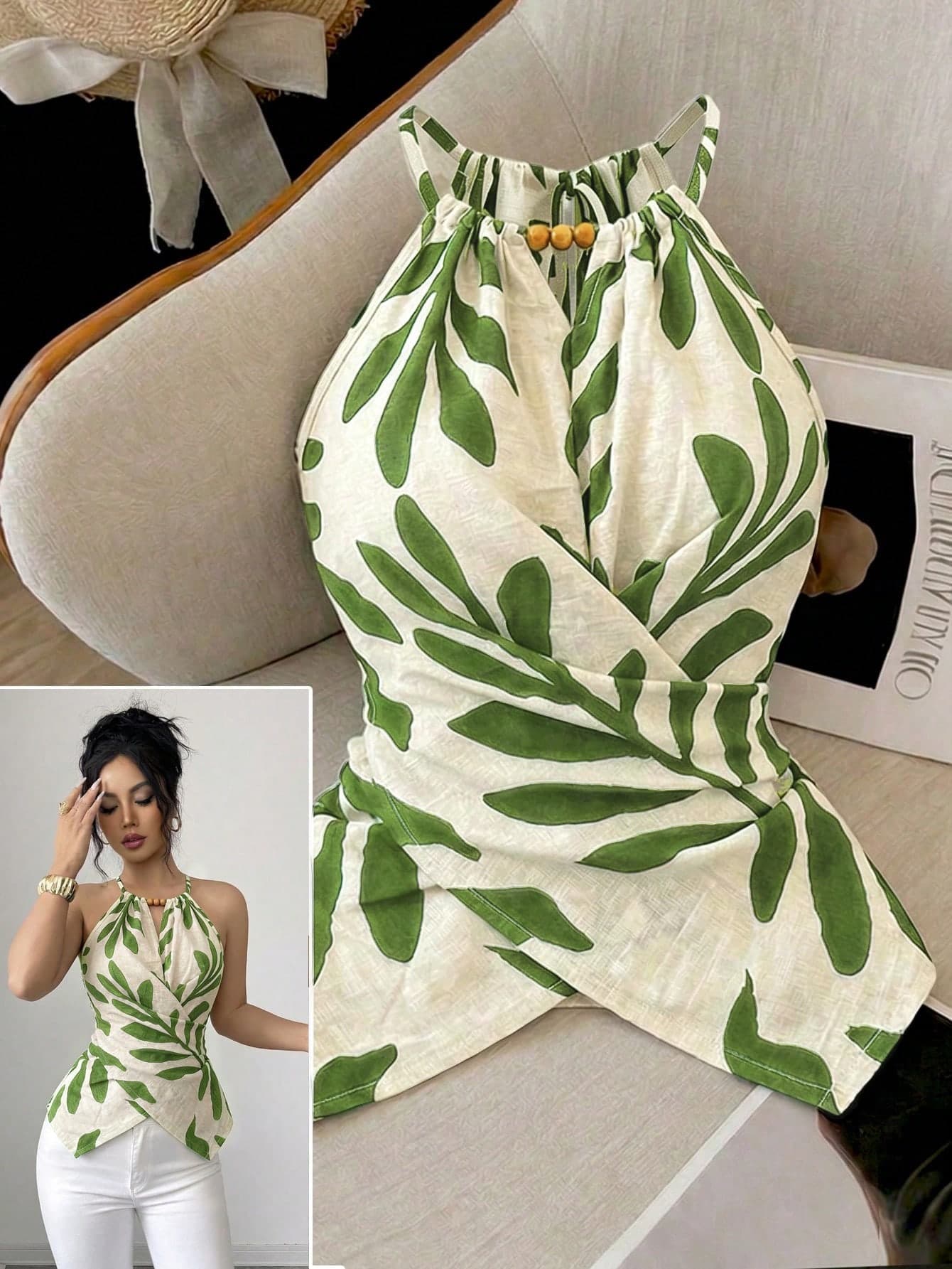 GlowEve CURVE Women's Spring/Summer Elegant Commuter Casual Apricot Leaf Print Sleeveless Halter Neck Bow Tie Neckline Wooden Bead Decor Asymmetrical Hem Waist Cross Tie Design Fitted Slimming Tank Top