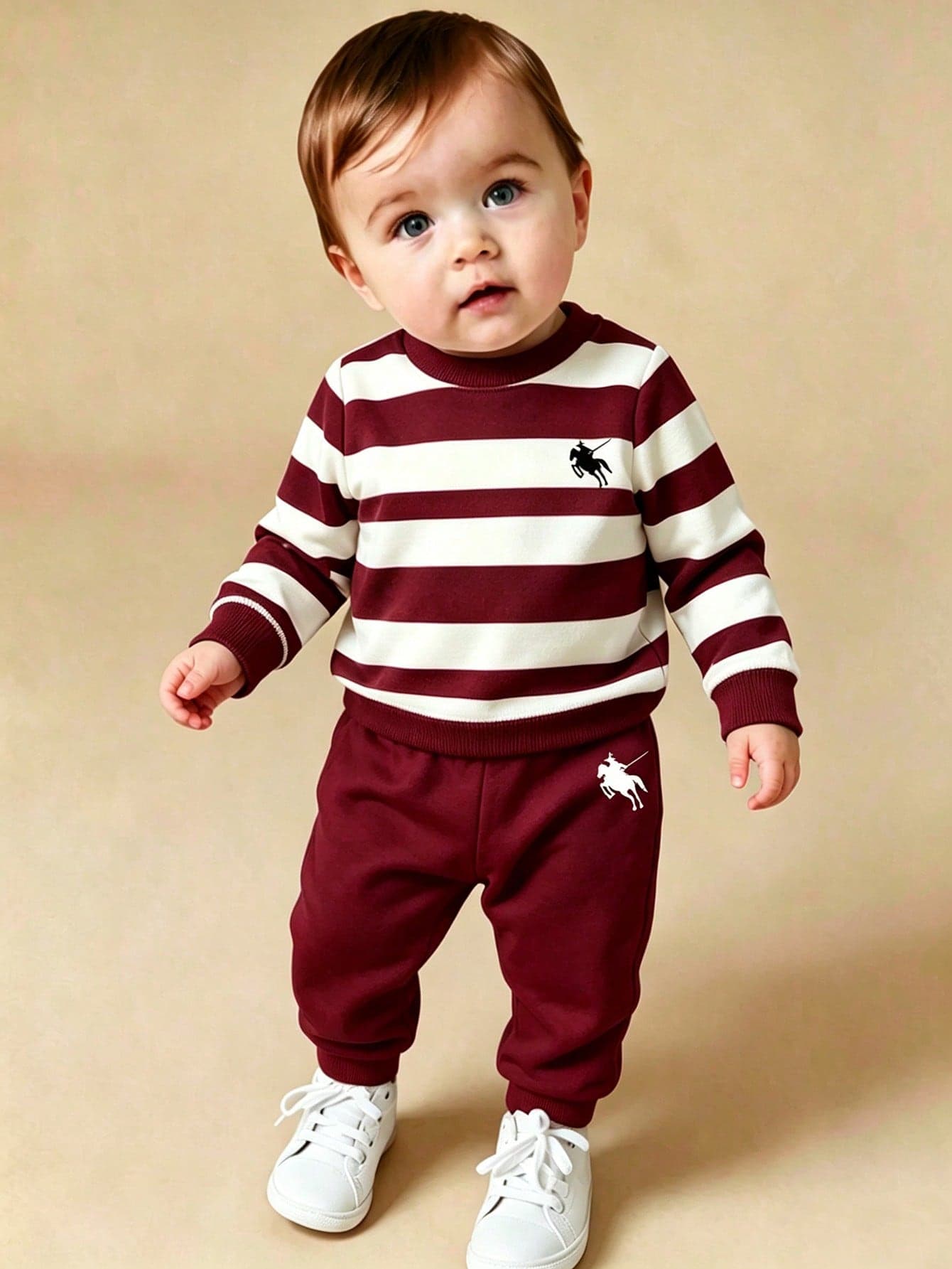 SHEIN Playful Pals Baby Boy Comfortable Round Neck Long Sleeve Sporty Sweatshirt & Sweatpants 2-Piece Set, College Style Striped Pony Pattern, Suitable For Autumn/Winter/Spring, Easy And Comfortable, Great For Layering, Back To School, Parties, Outdoor Picnics, Street Photography, Campus, Holidays, Gifts