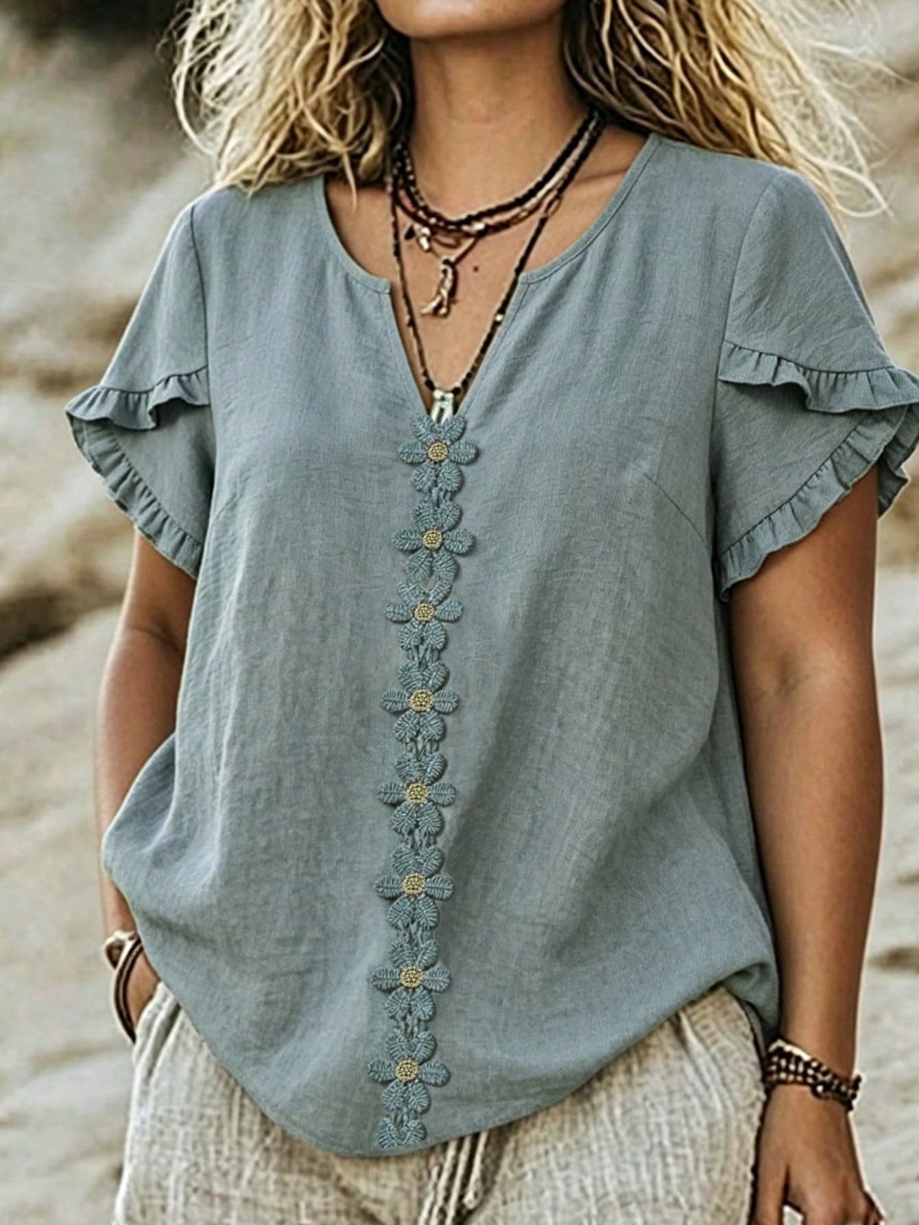 SHEIN LUNE CURVE Plus Size Woven Casual Boho Resort Daily Vacation Commuting And Office Wear Summer Women's Shirt Dusty Blue