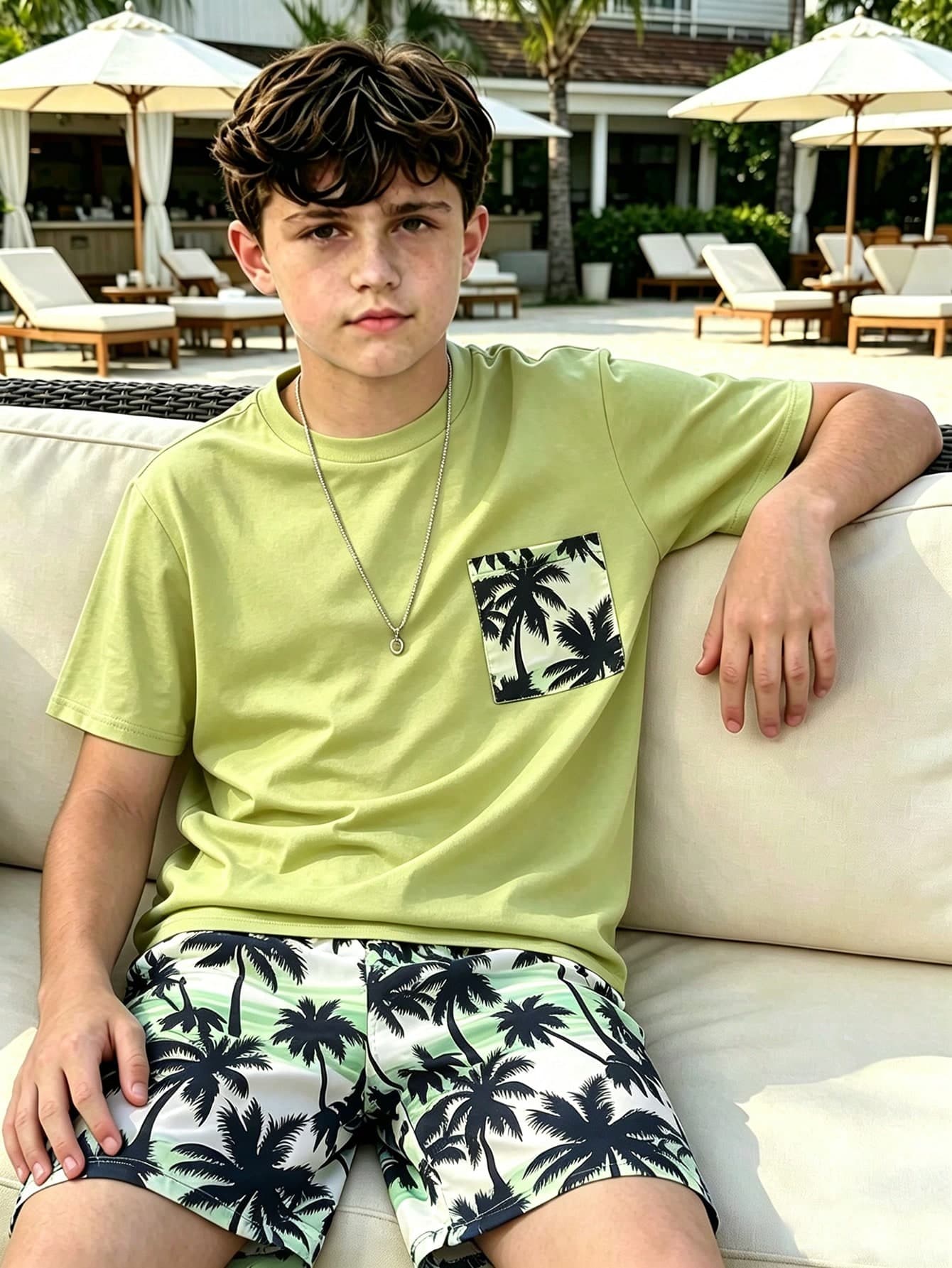 2pcs Big Boy Summer Vacation Style Grass Green T-Shirt With Coconut Tree Digital Pocket And All-Over Coconut Tree Print Shorts Set, Suitable For Beach, Camping, Casual Vacation, Outing, Back To School, Spring/Summer