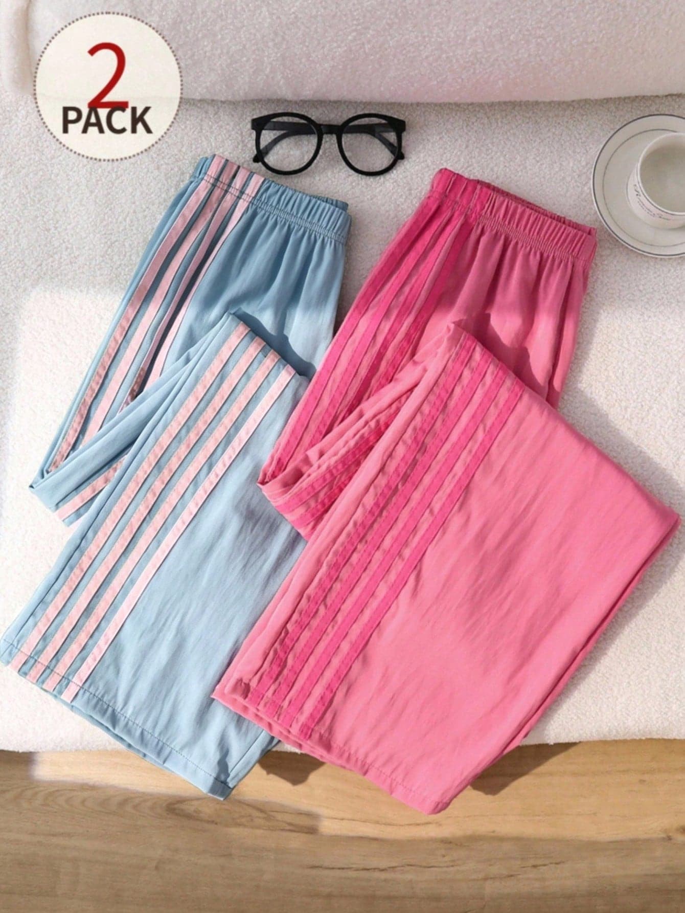 Two Pieces Youth Wide-Leg Pants: Green Striped Style And Pink Casual Loose Long Pants,