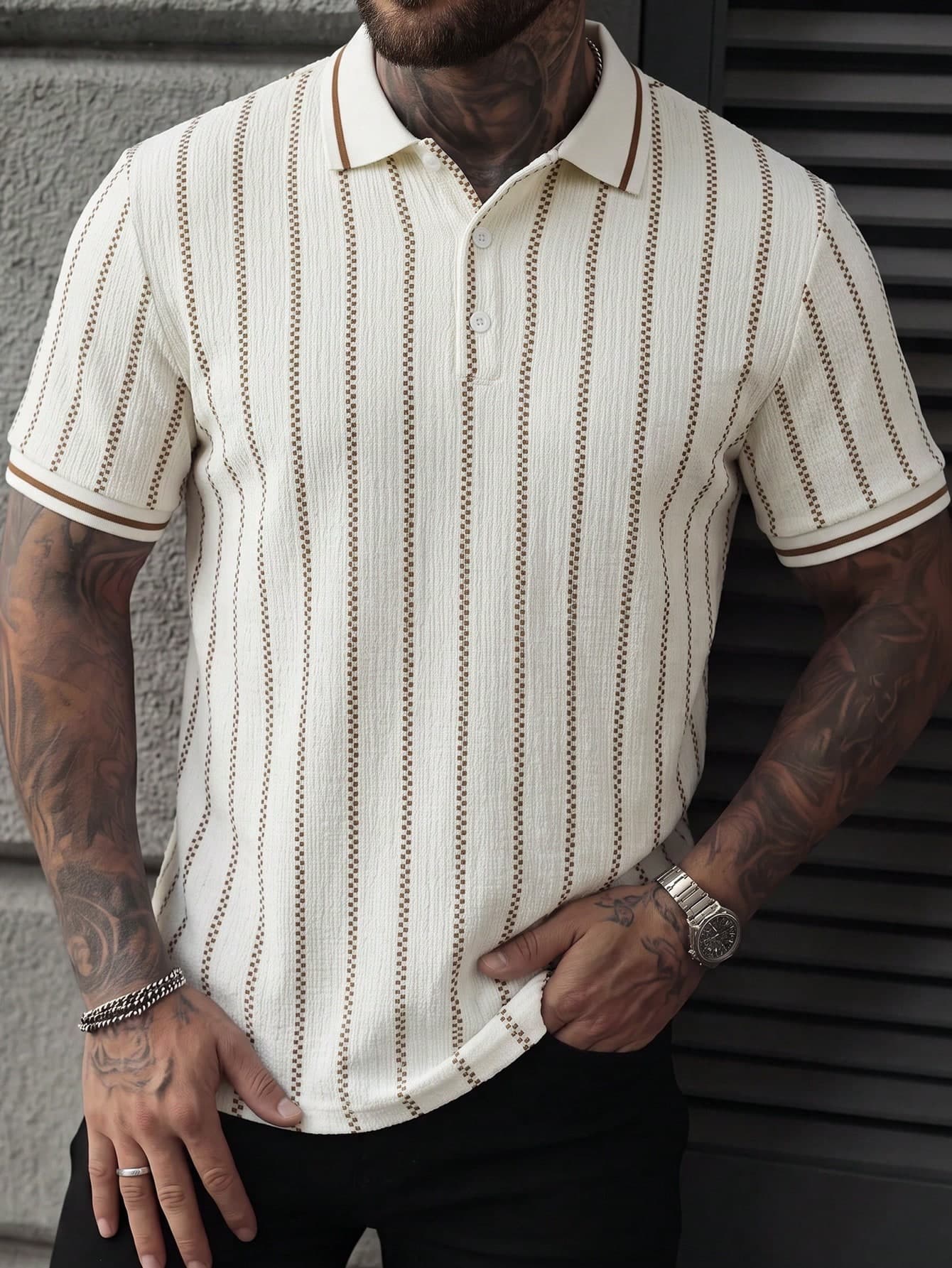 Manfinity CasualCool Men's Colour-Block Polo Shirt, Geometric Jacquard Casual Top